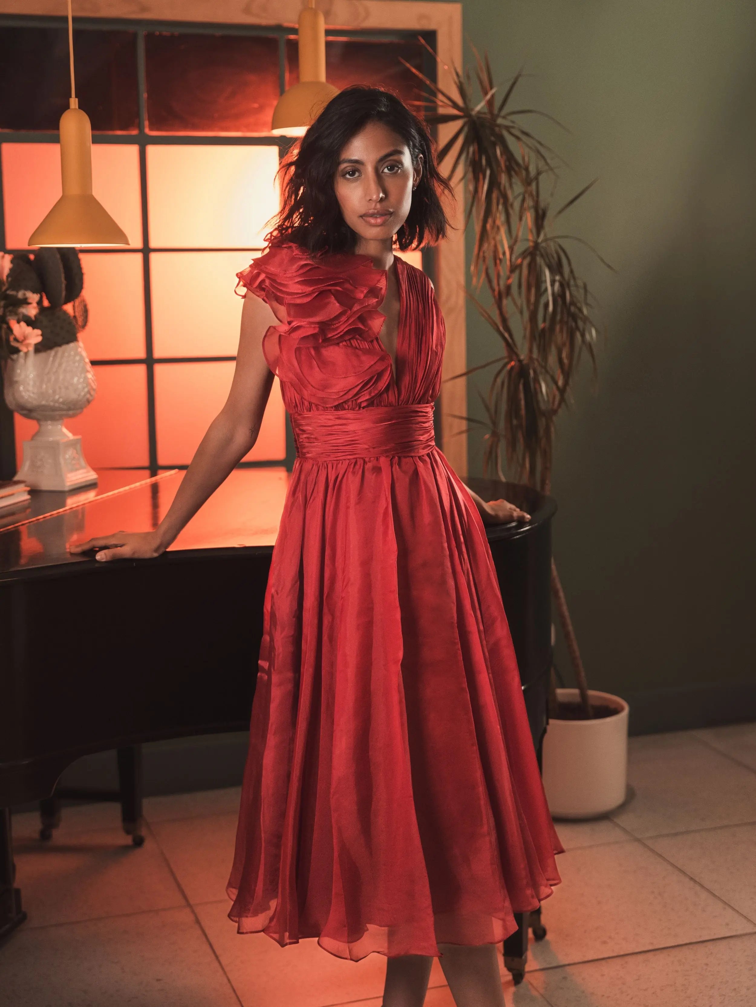 Red Sleeveless Chiffon A-Line Tea Length Cocktail Dress-Myartka