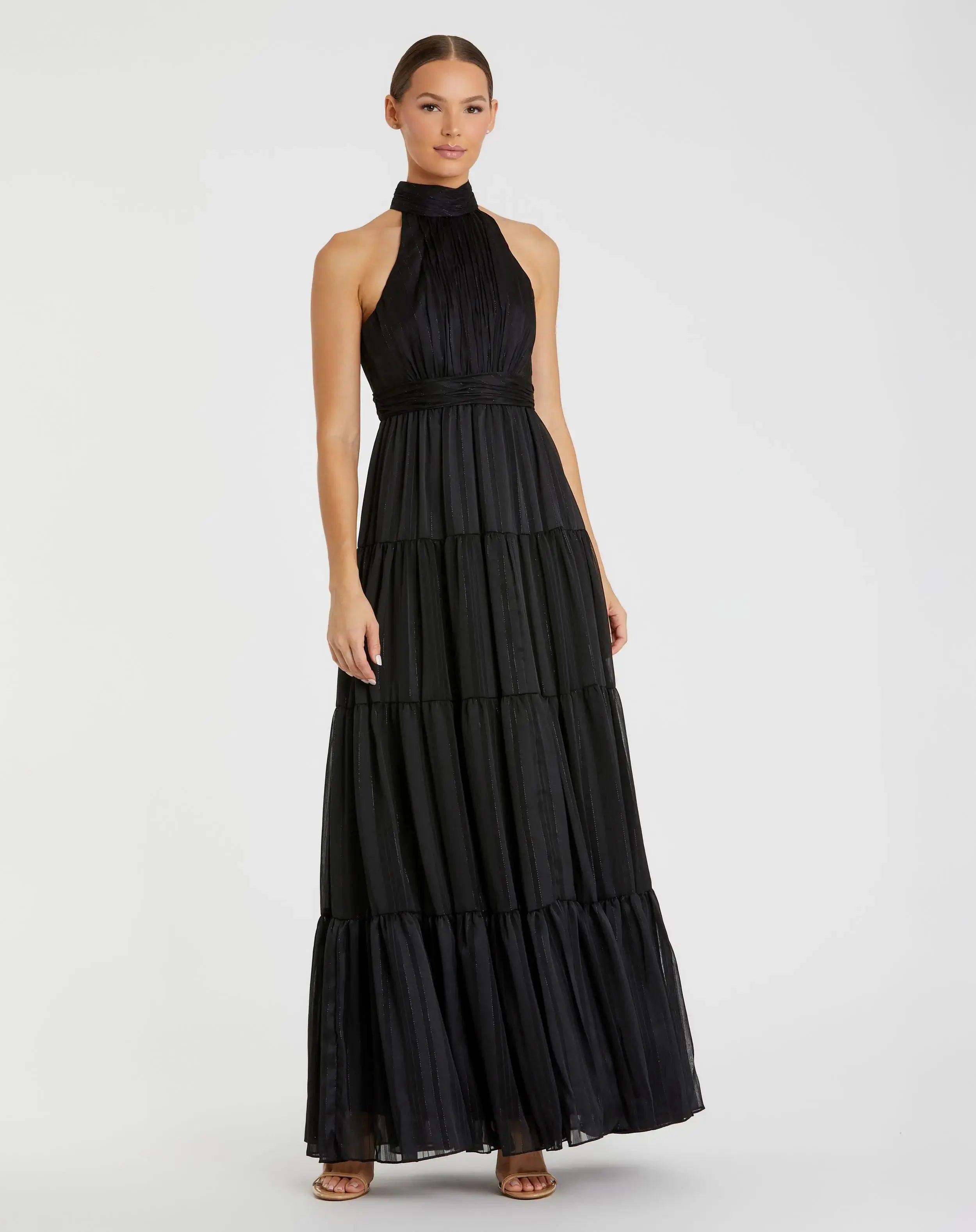 Black Tie Halter Neck Tiered Gown-Myartka