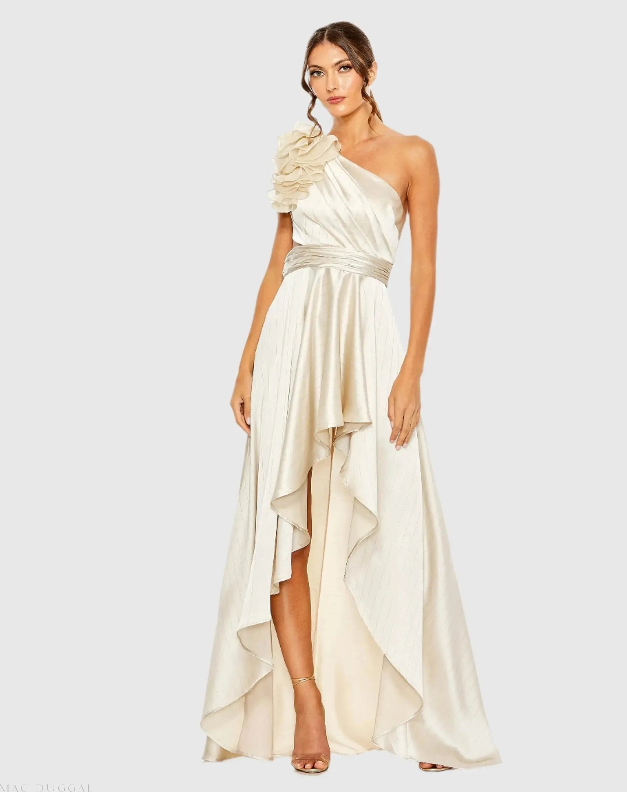 Beige Ruffled One Shoulder Cut Out Hi-Low Gown-Myartka