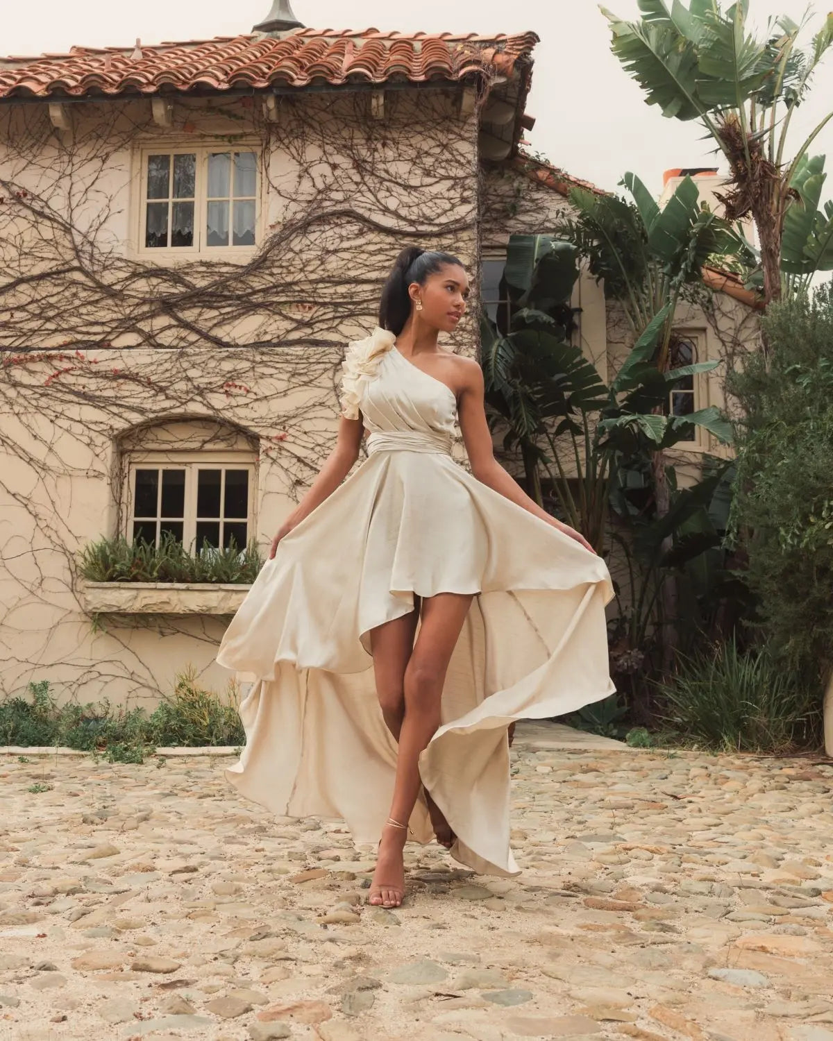 Beige Ruffled One Shoulder Cut Out Hi-Low Gown-Myartka