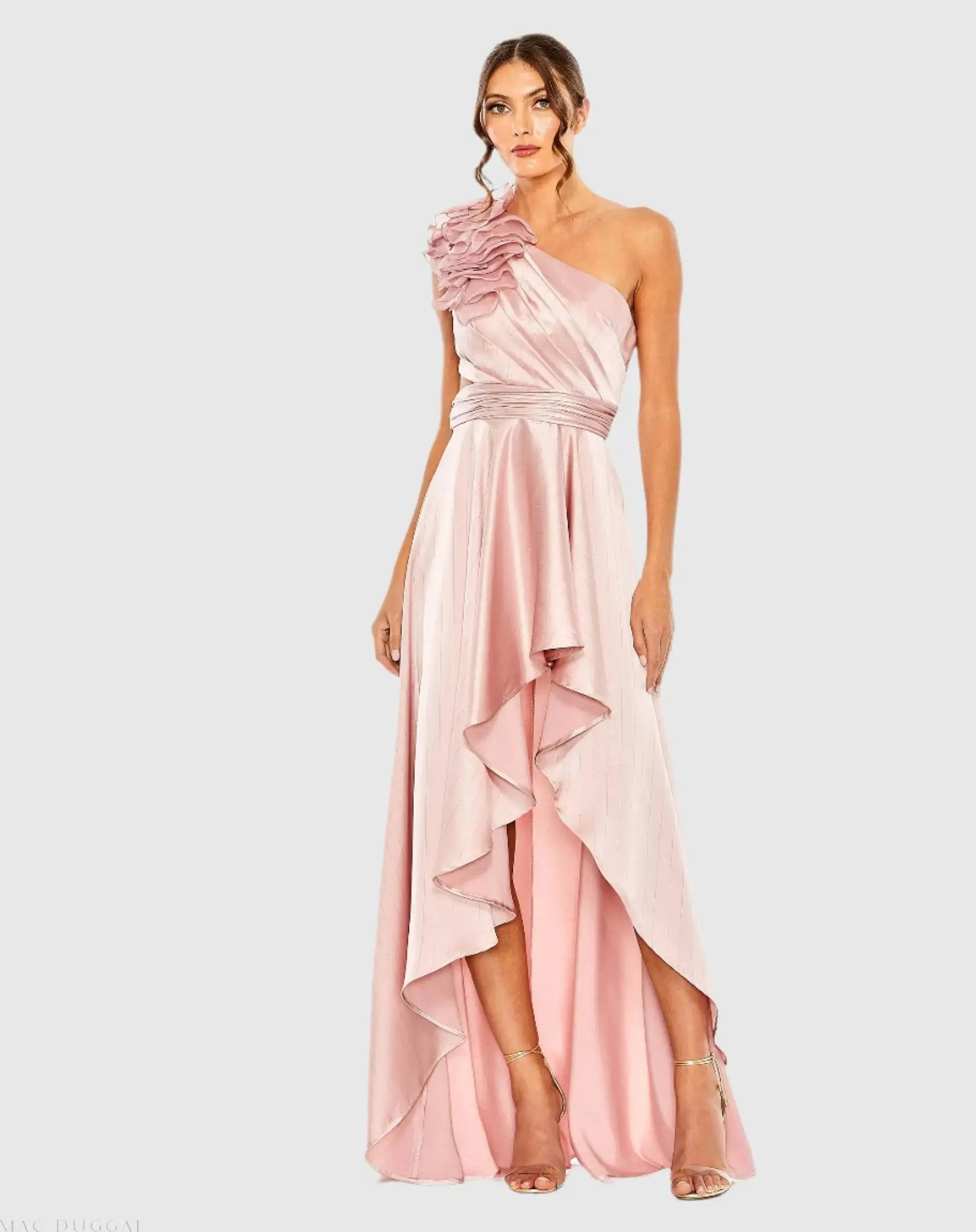 Pink Ruffled One Shoulder Cut Out Hi-Low Gown-Myartka