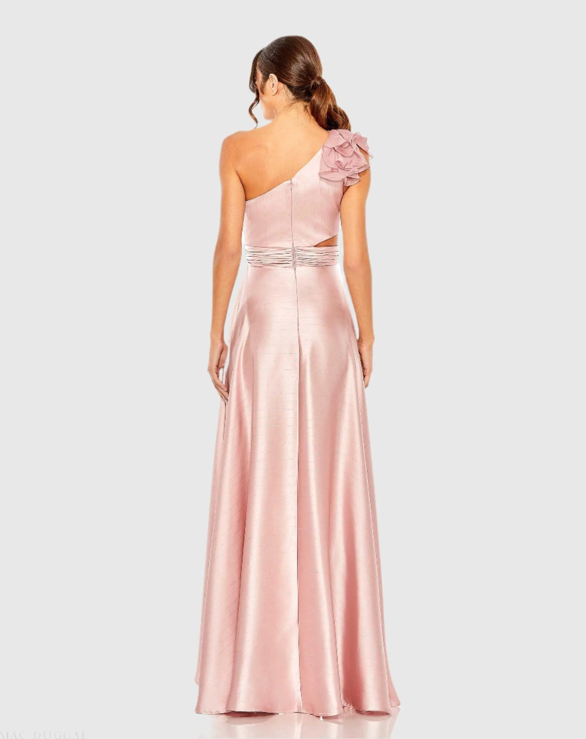 Pink Ruffled One Shoulder Cut Out Hi-Low Gown-Myartka