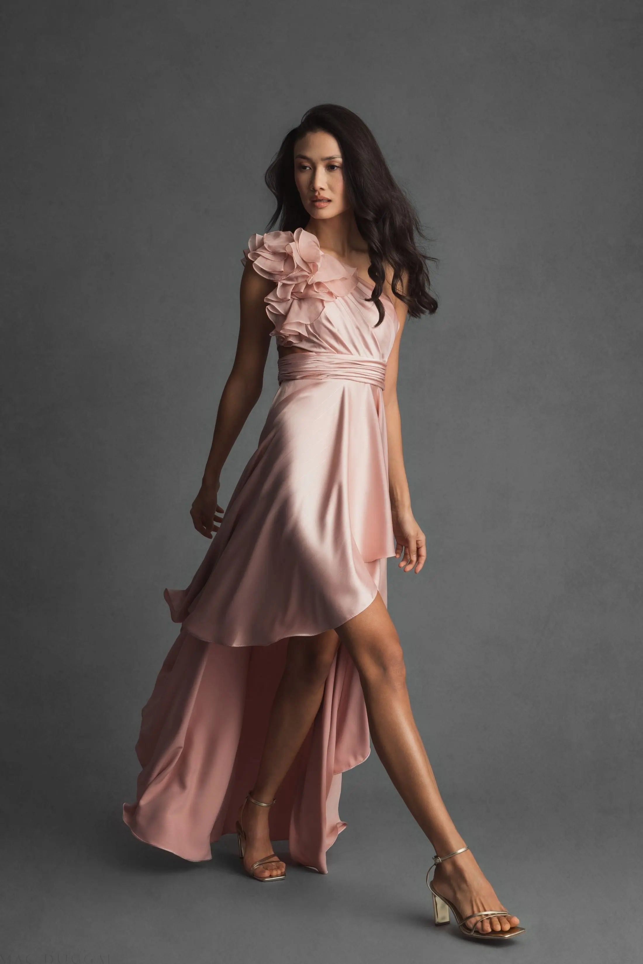Pink Ruffled One Shoulder Cut Out Hi-Low Gown-Myartka