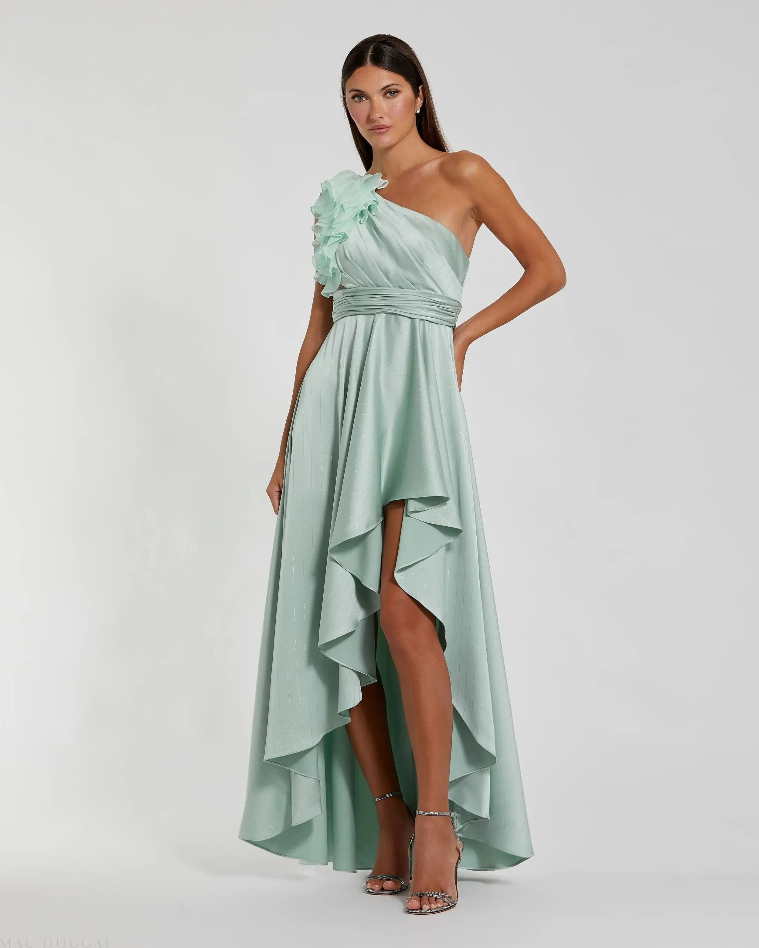 Green Ruffled One Shoulder Cut Out Hi-Low Gown-Myartka