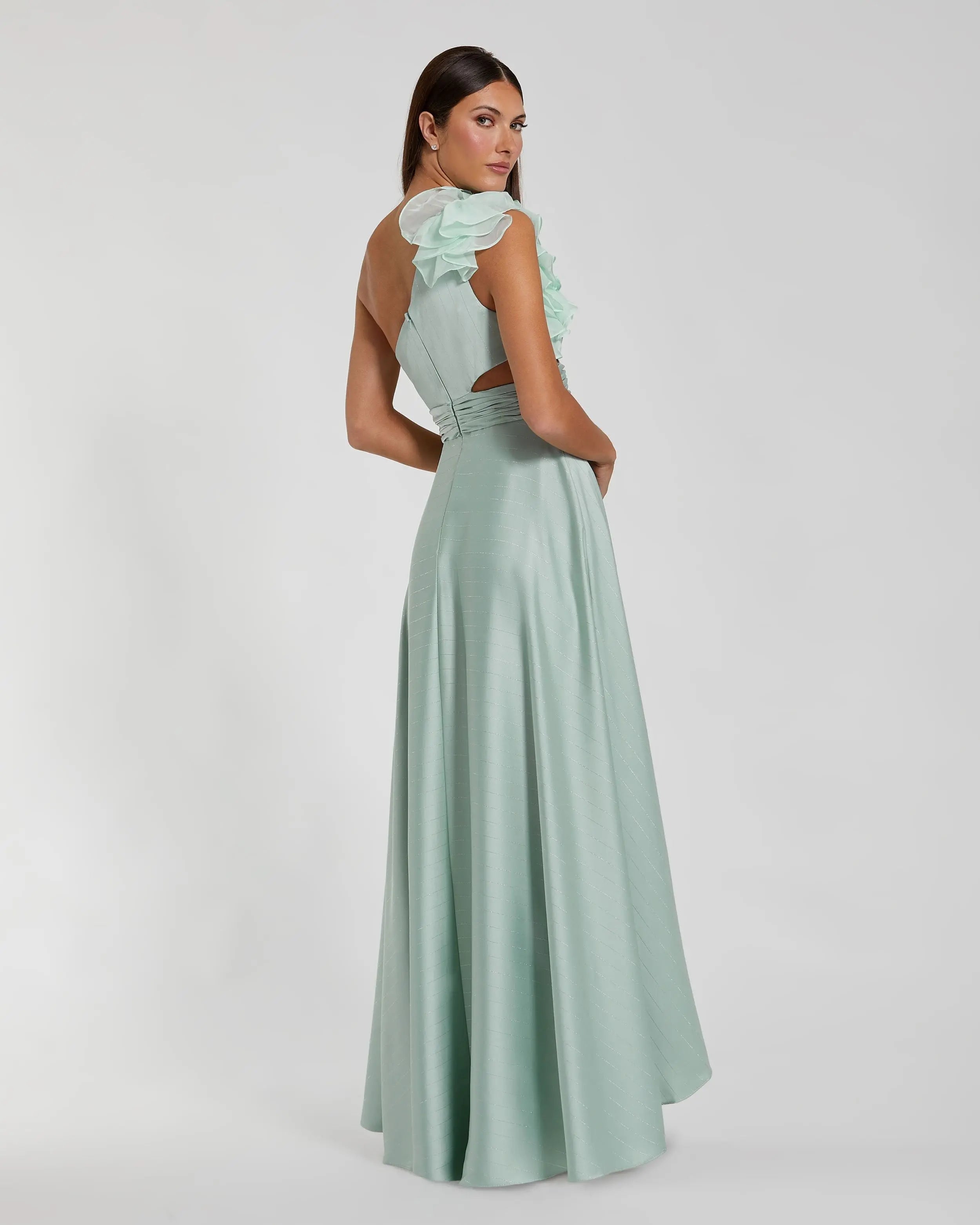 Green Ruffled One Shoulder Cut Out Hi-Low Gown-Myartka