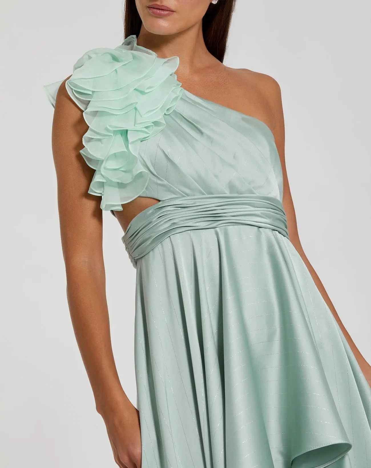 Green Ruffled One Shoulder Cut Out Hi-Low Gown-Myartka
