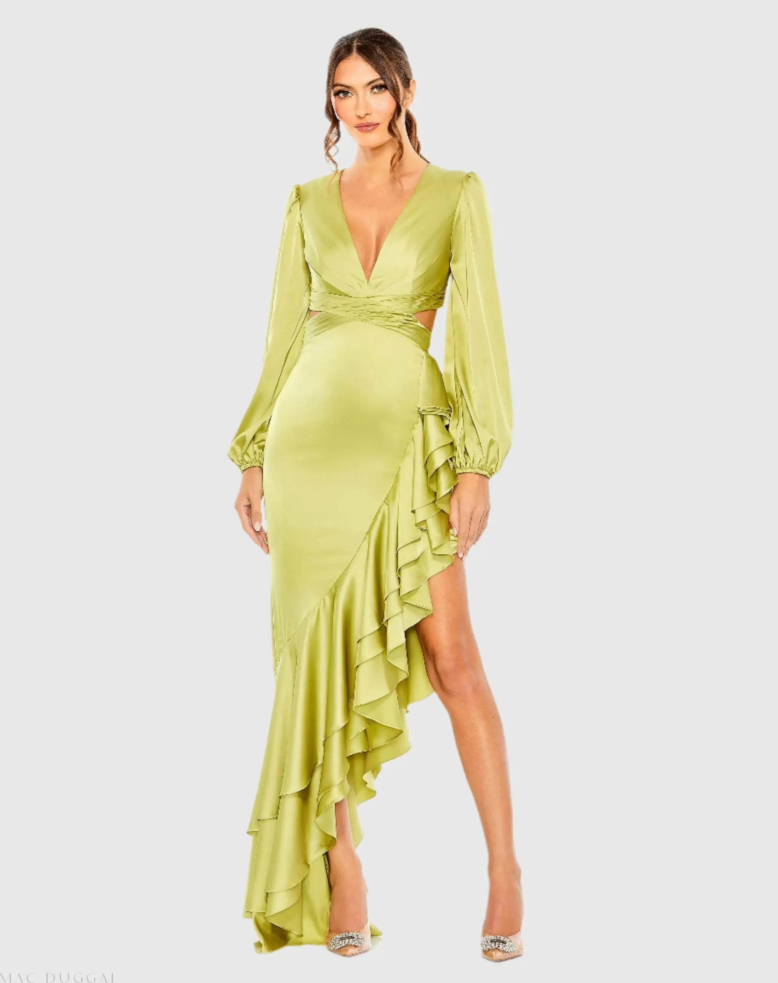 Green Cut Out Asymmetrical Ruffled Gown-Myartka