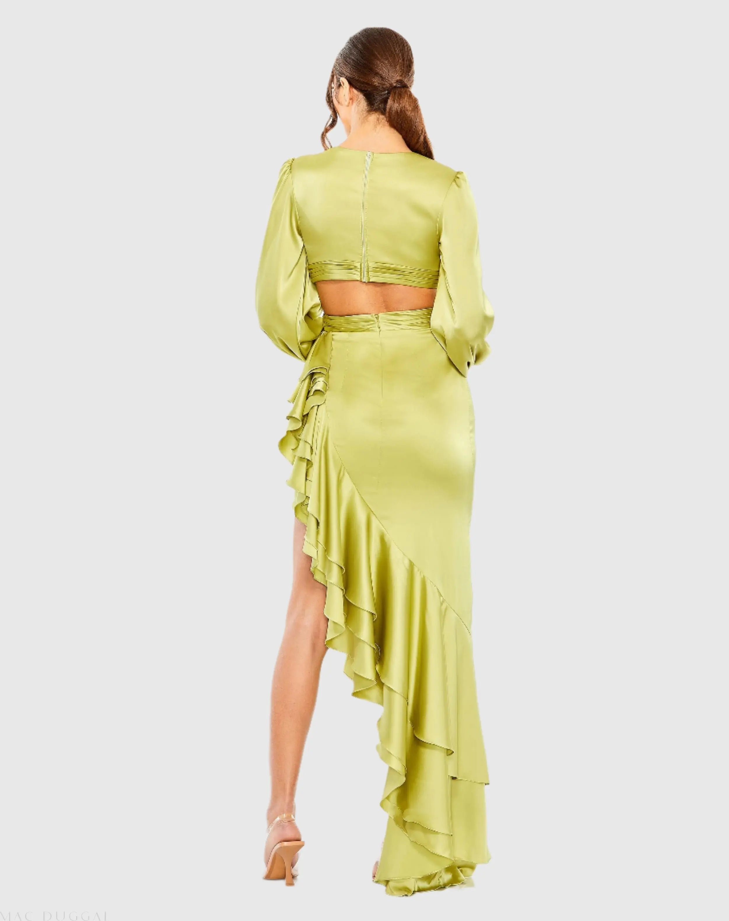 Green Cut Out Asymmetrical Ruffled Gown-Myartka