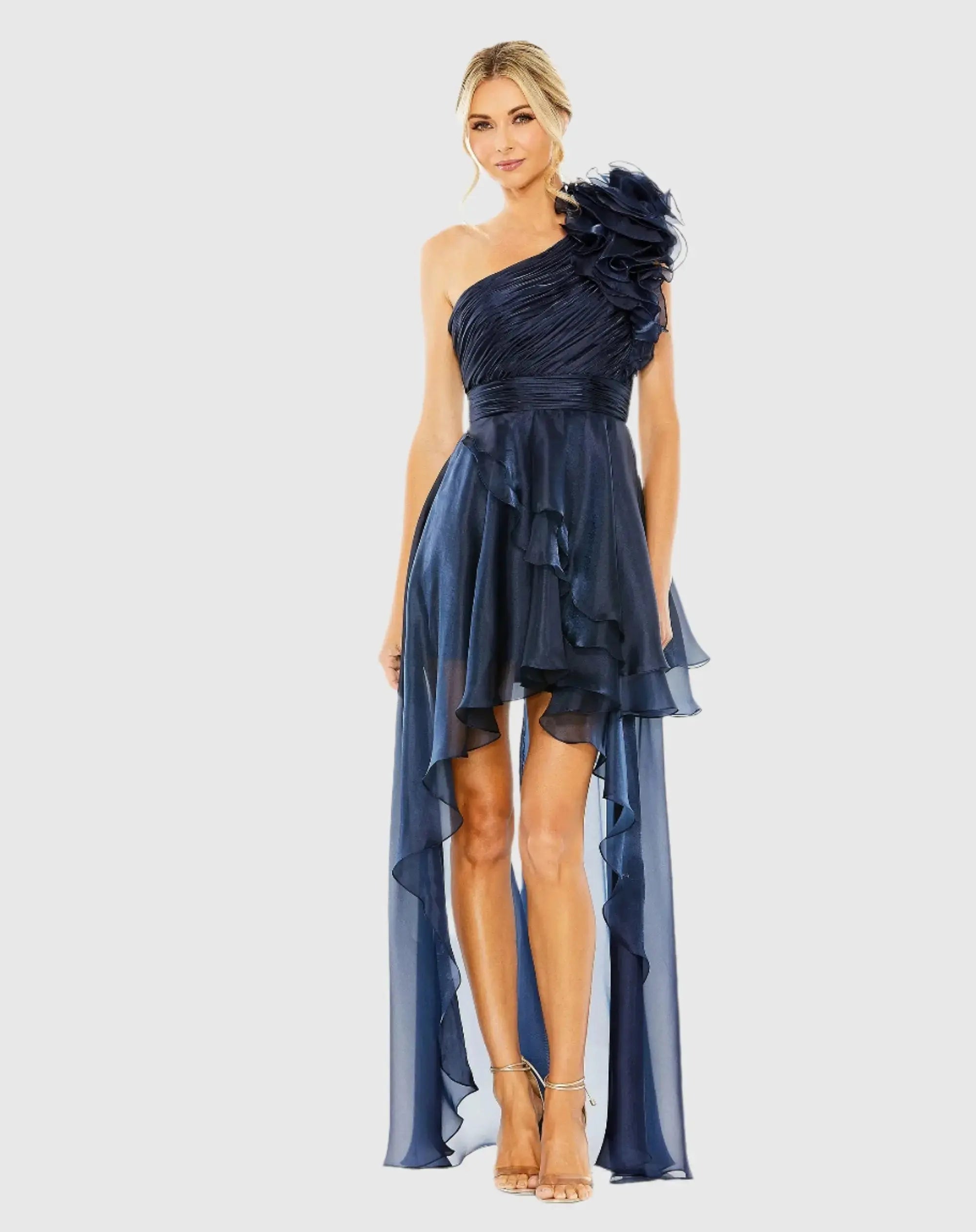 Navy One Shoulder Ruffle High Low Gown-Myartka