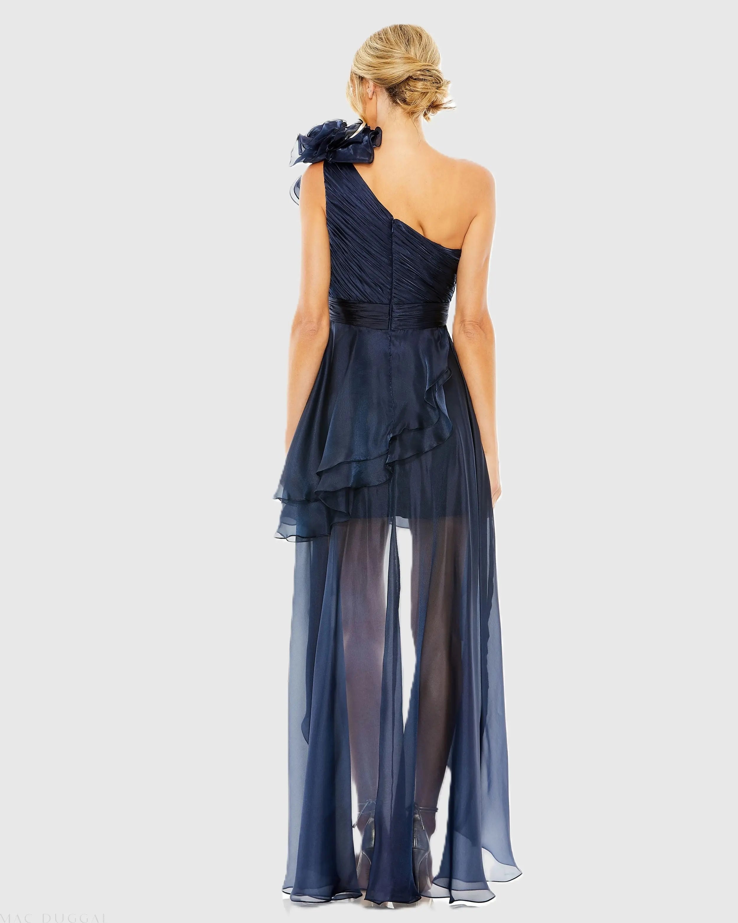 Navy One Shoulder Ruffle High Low Gown-Myartka