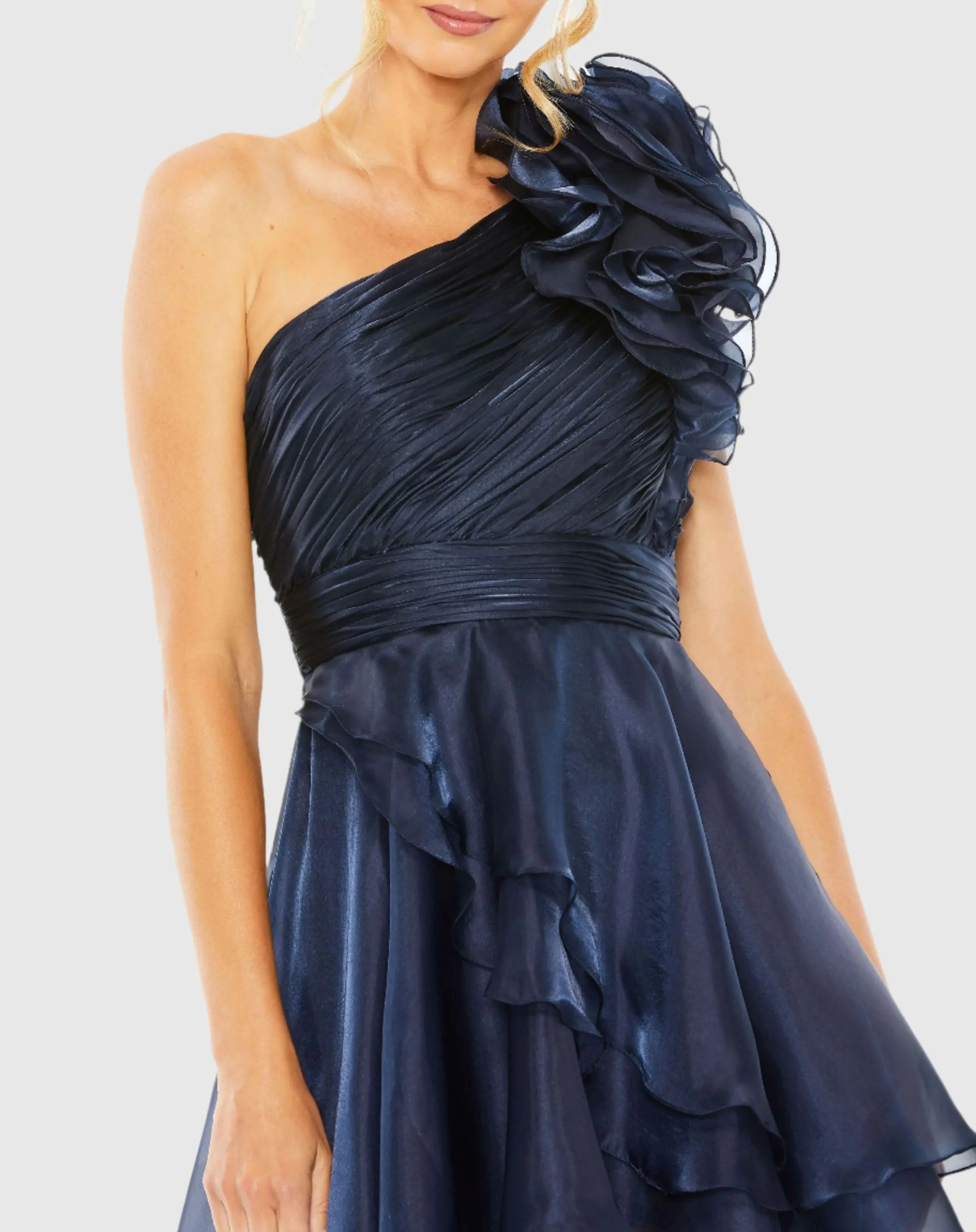 Navy One Shoulder Ruffle High Low Gown-Myartka