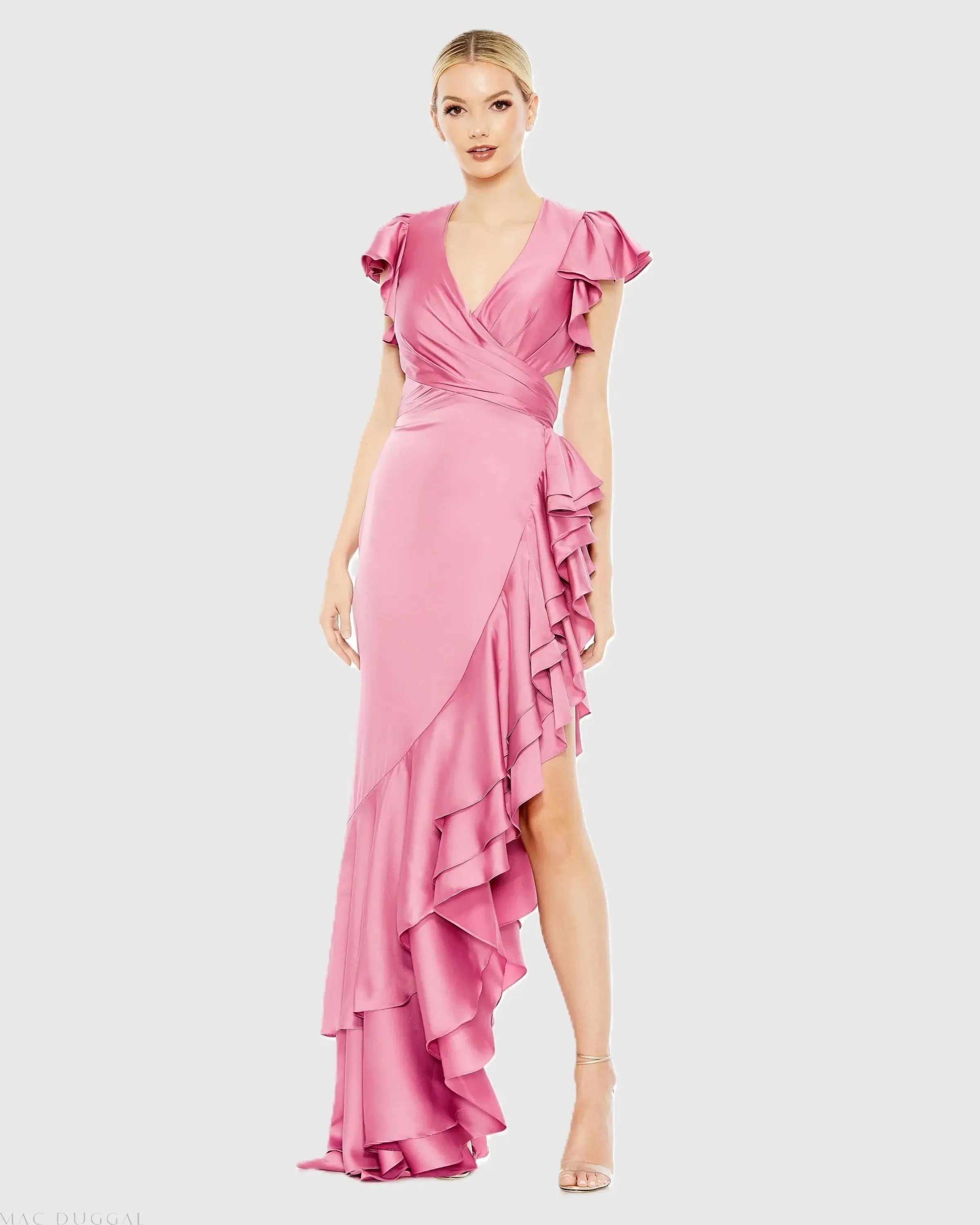 Flutter Sleeve Cut Out Asymmetrical Ruffled Gown-Myartka