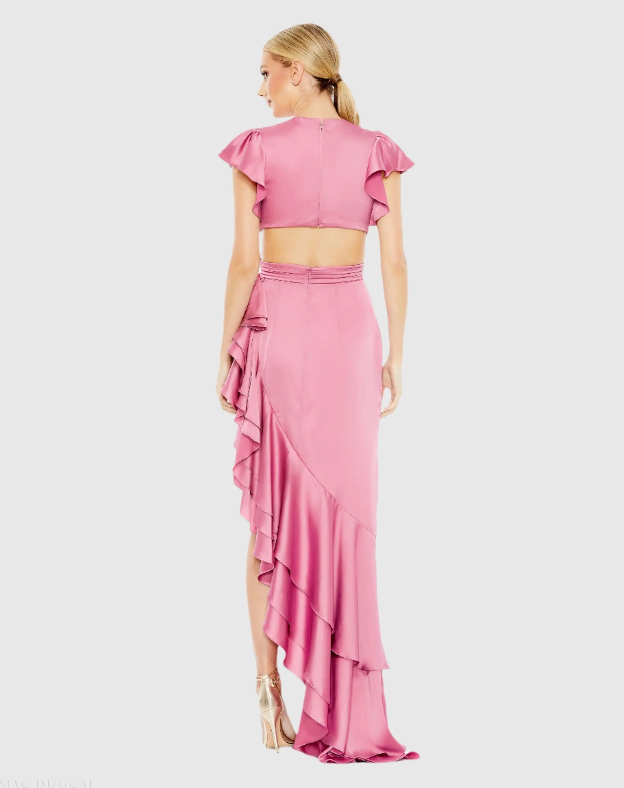 Pink Flutter Sleeve Cut Out Asymmetrical Ruffled Gown - FINAL SALE-Myartka