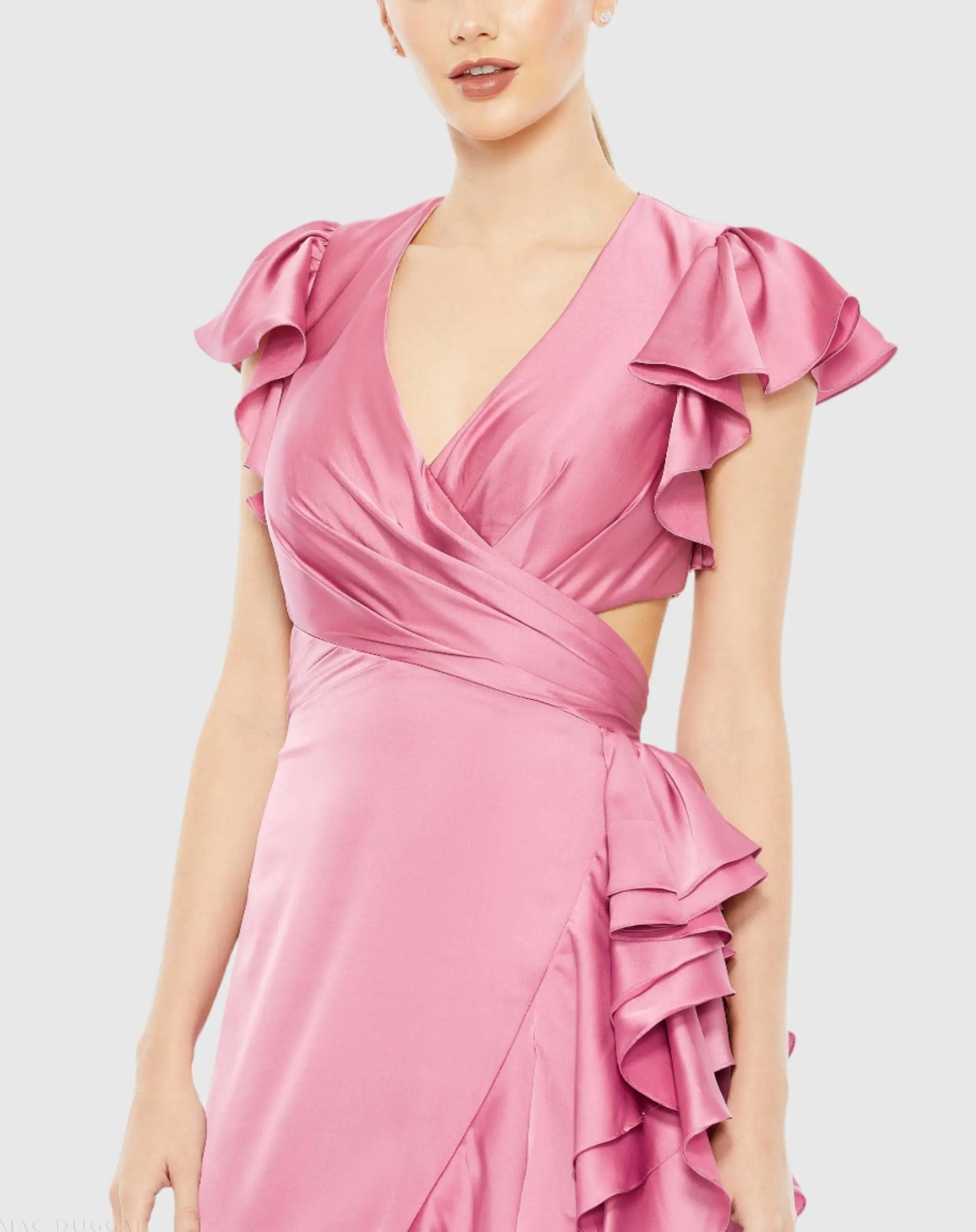 Pink Flutter Sleeve Cut Out Asymmetrical Ruffled Gown - FINAL SALE-Myartka
