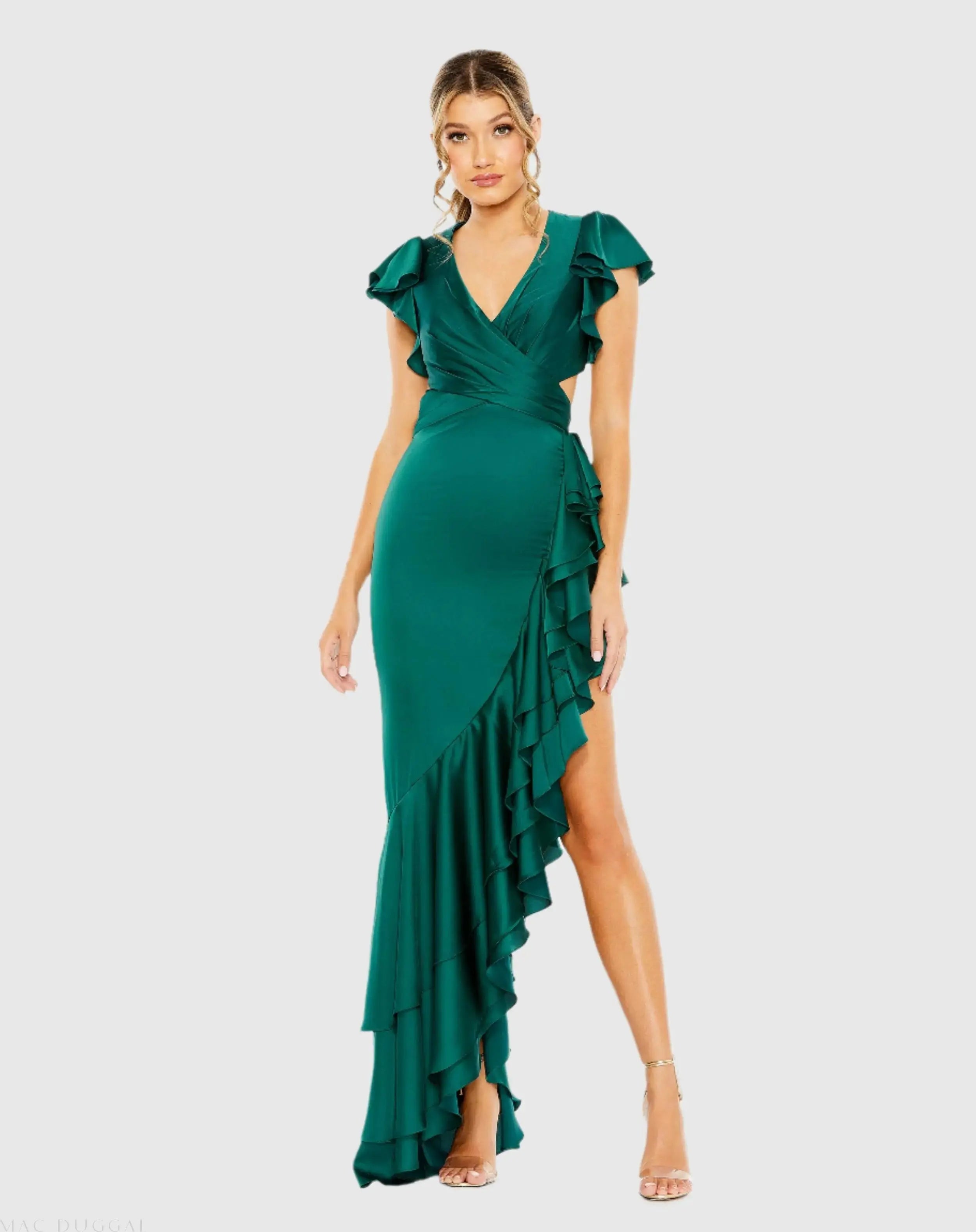 Flutter Sleeve Cut Out Asymmetrical Ruffled Gown-Myartka