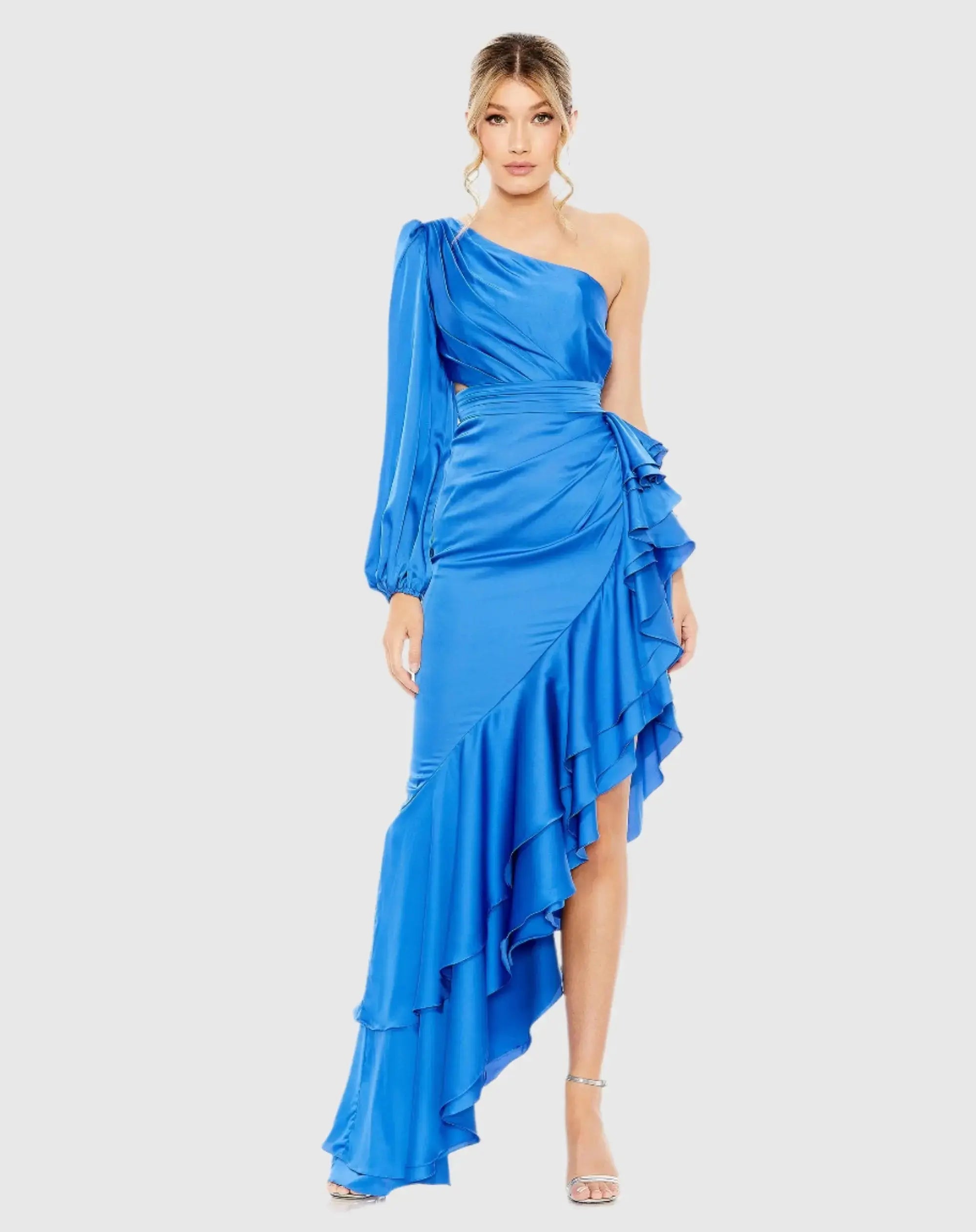 Blue One Sleeve Cut Out Asymmetrical Ruffled Gown - FINAL SALE-Myartka
