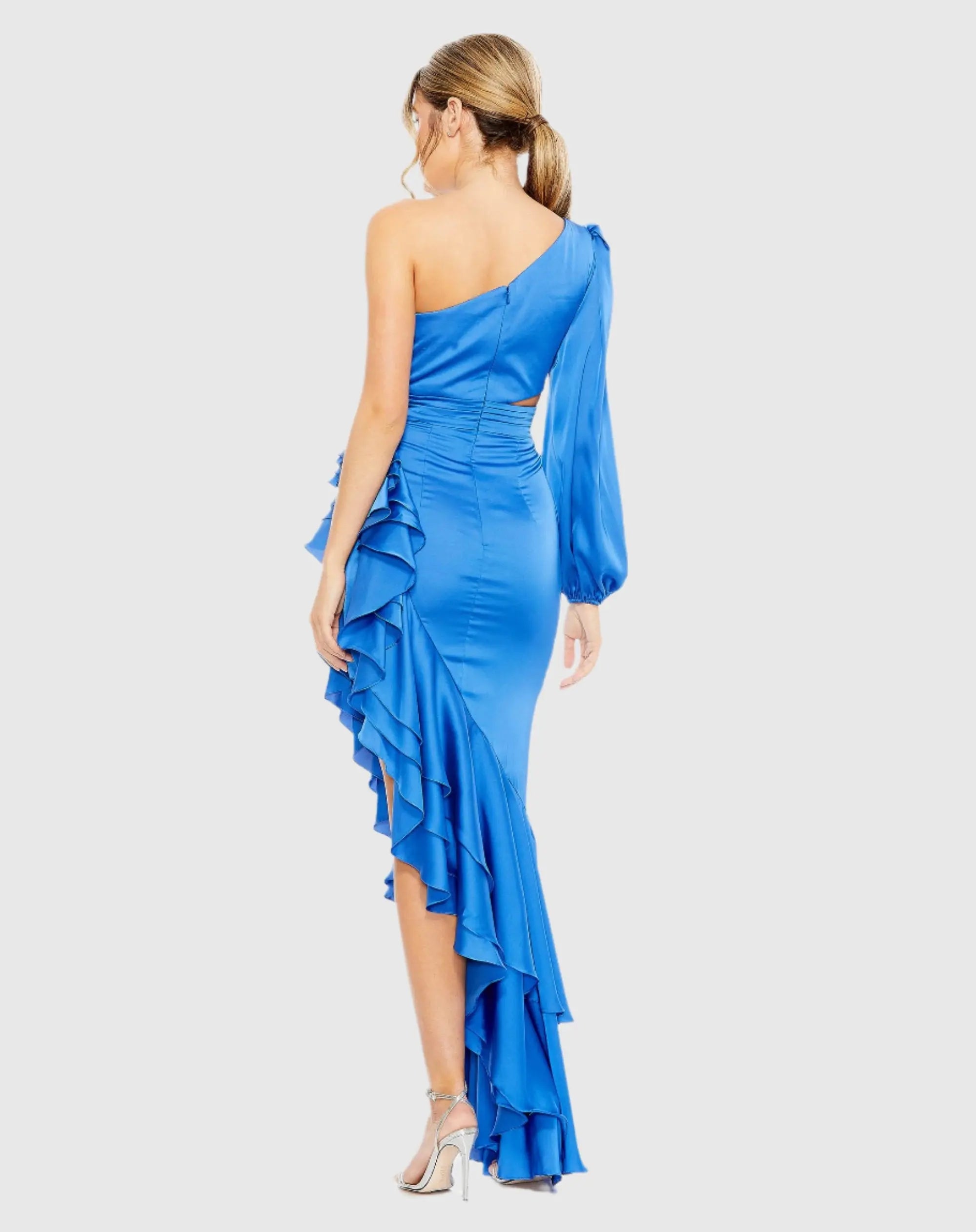Blue One Sleeve Cut Out Asymmetrical Ruffled Gown - FINAL SALE-Myartka