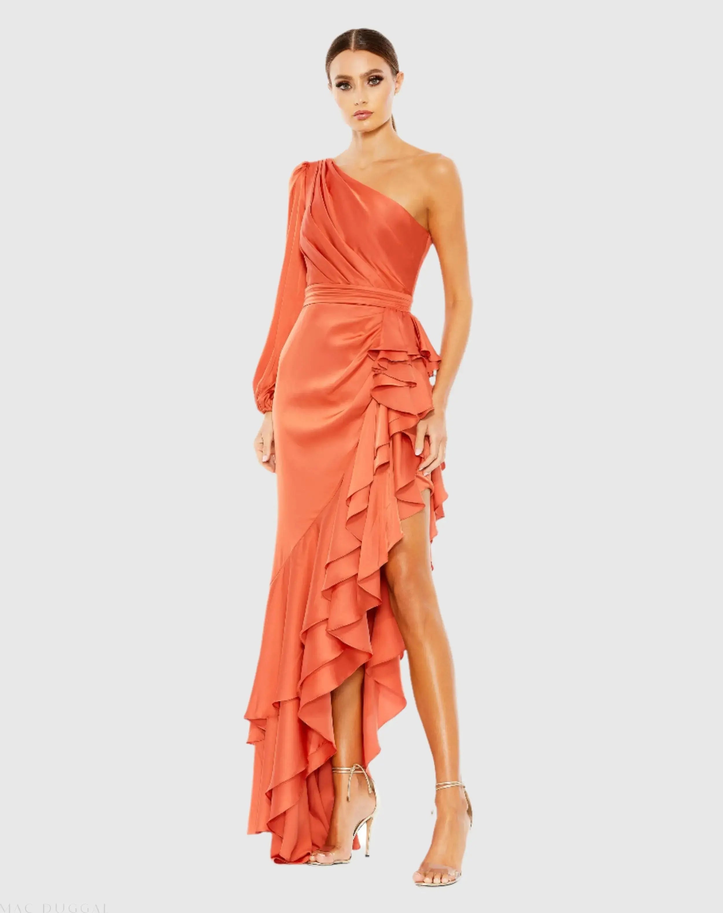 Orange One Sleeve Cut Out Asymmetrical Ruffled Gown - FINAL SALE-Myartka
