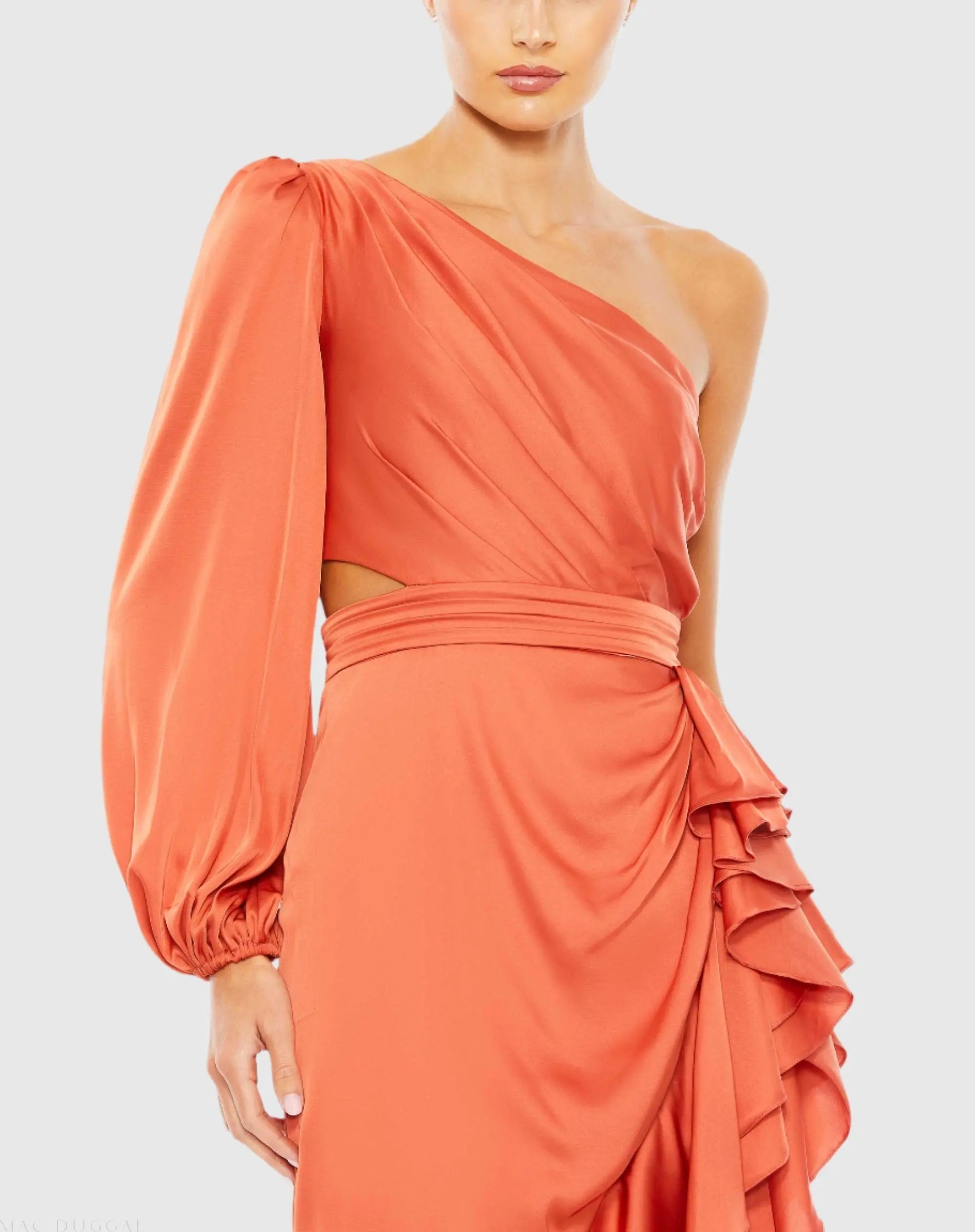 Orange One Sleeve Cut Out Asymmetrical Ruffled Gown - FINAL SALE-Myartka