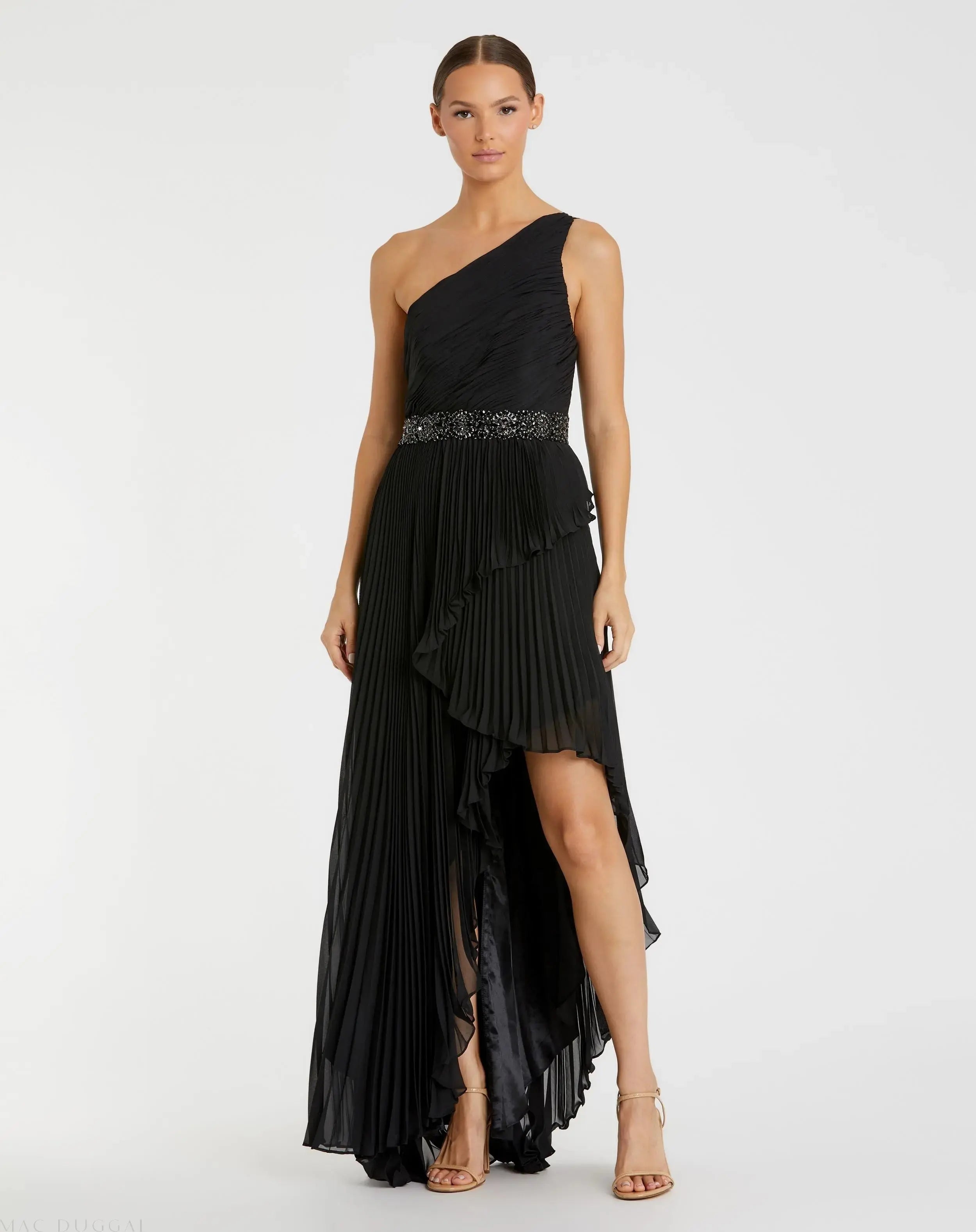Black Pleated One Shoulder Asymmetrical Ruffle Hem Gown - FINAL SALE-Myartka