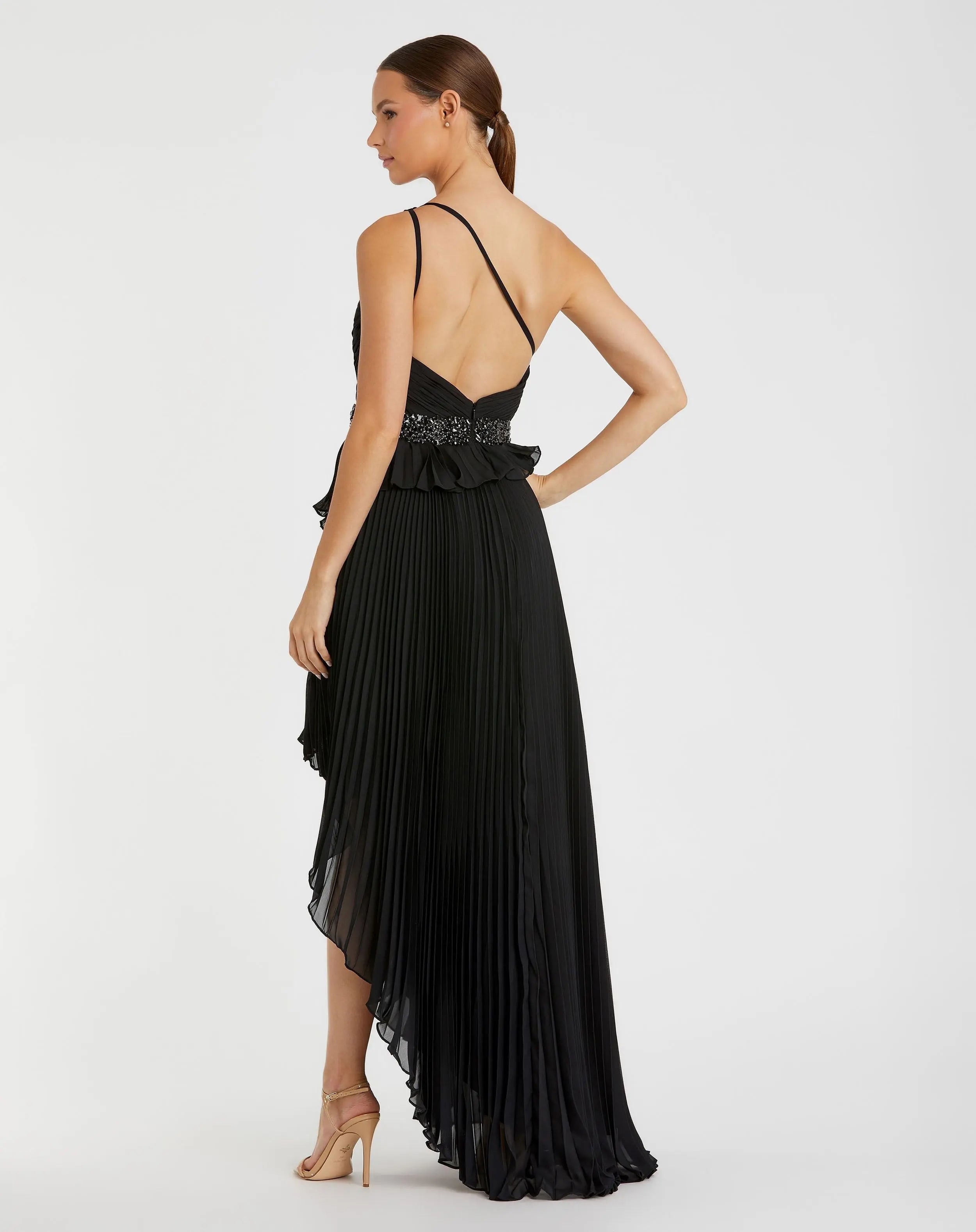 Black Pleated One Shoulder Asymmetrical Ruffle Hem Gown - FINAL SALE-Myartka