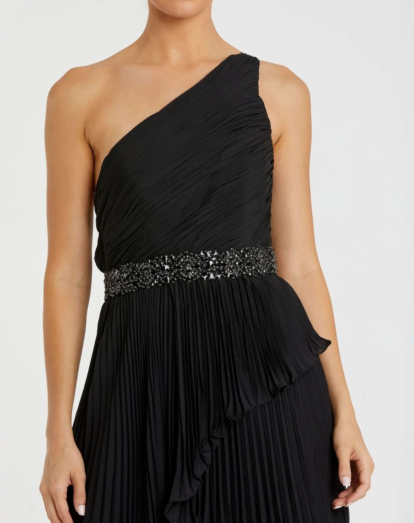 Black Pleated One Shoulder Asymmetrical Ruffle Hem Gown - FINAL SALE-Myartka