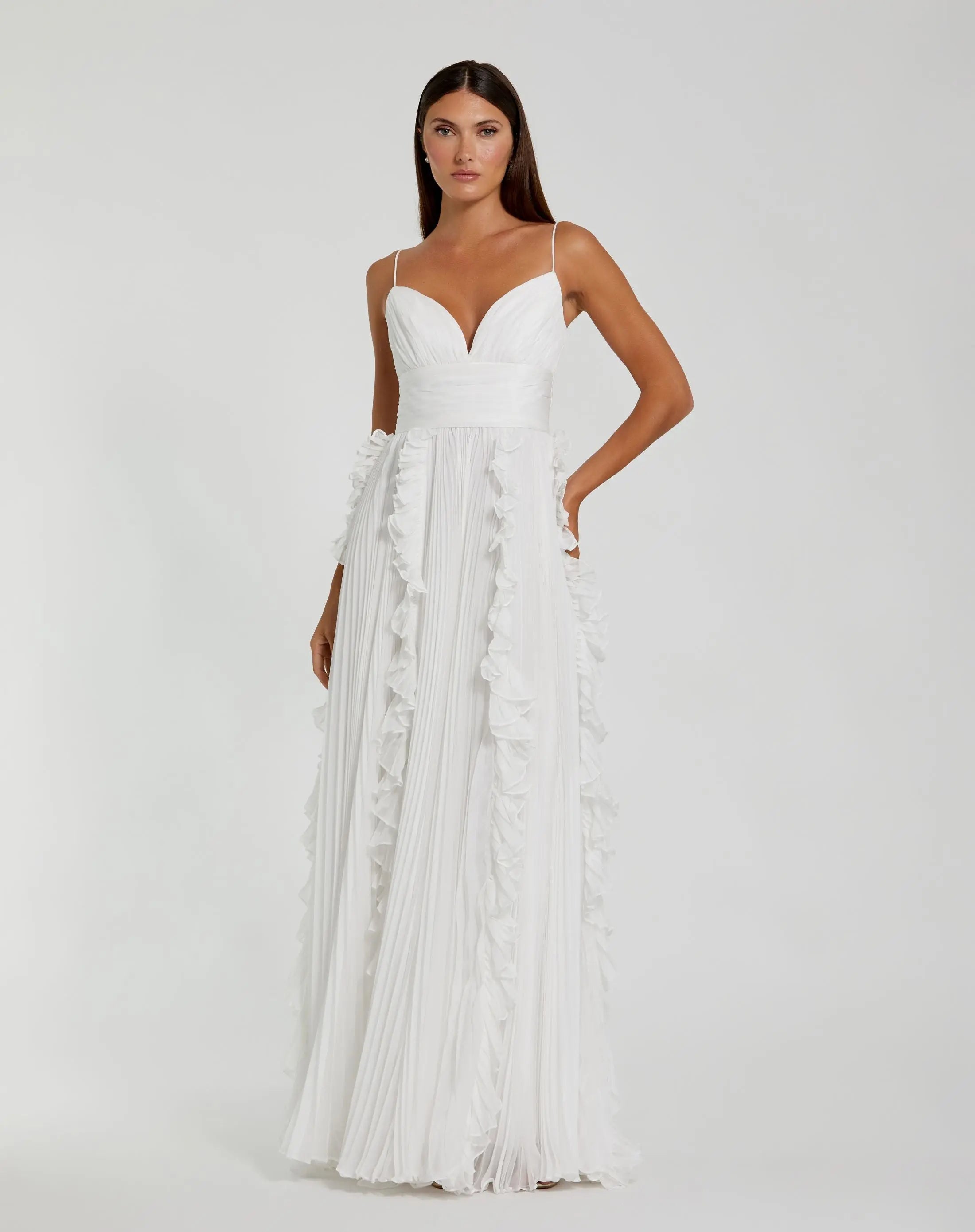 White Pleated Sleeveless Flowy Chiffon Gown-Myartka