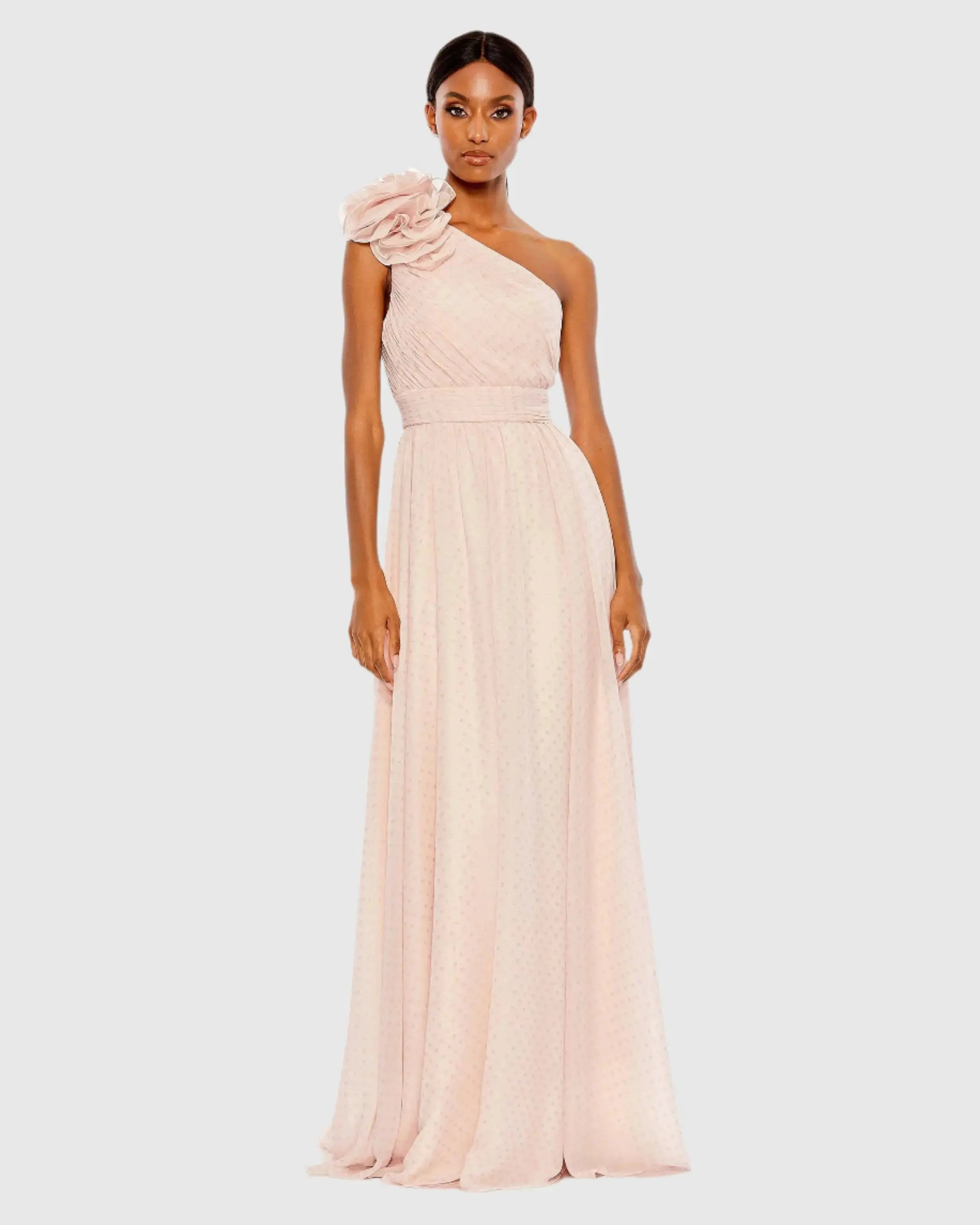 Pink One Shoulder Polka Dot Chiffon Gown With Ruffle Detail-Myartka