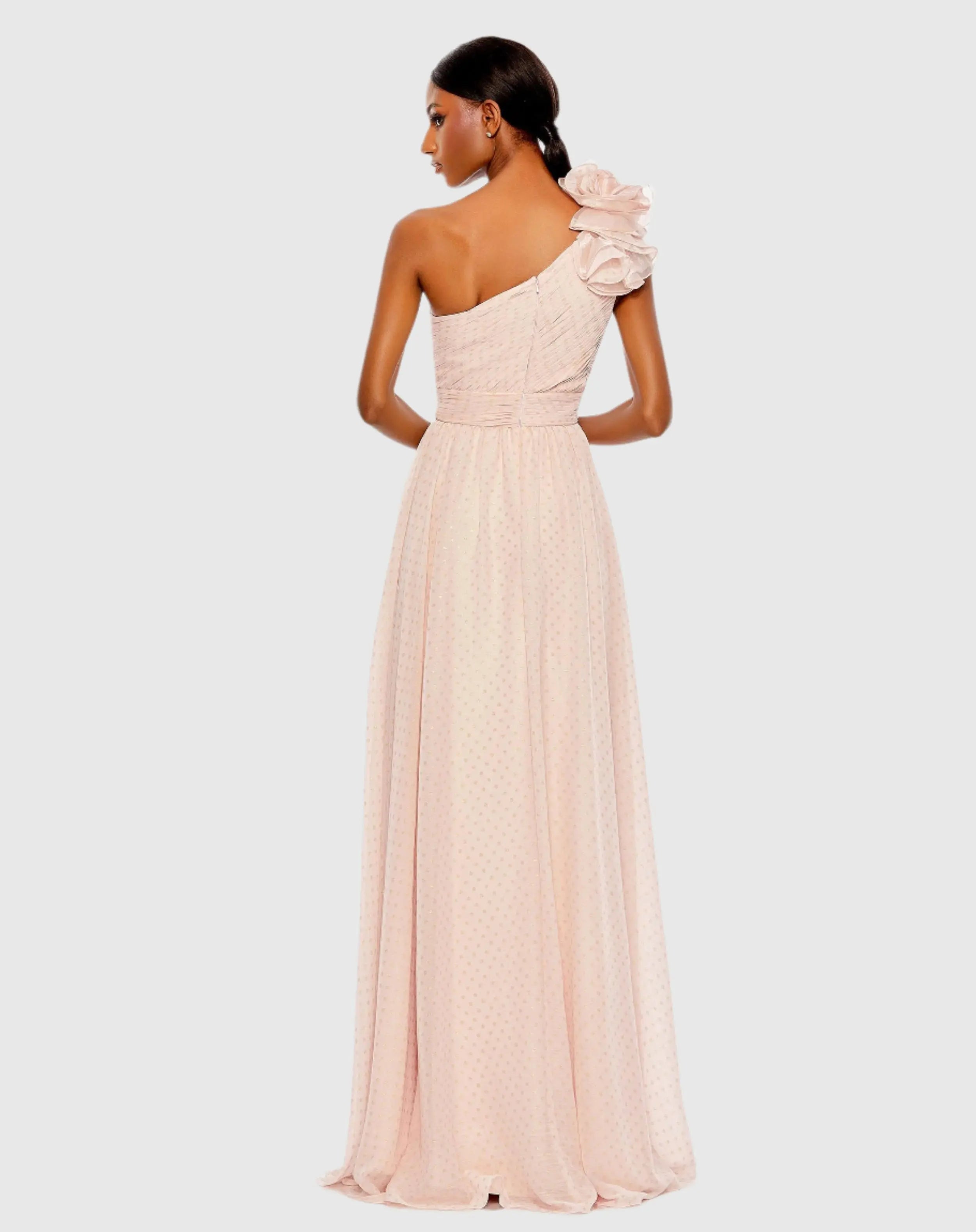 Pink One Shoulder Polka Dot Chiffon Gown With Ruffle Detail-Myartka