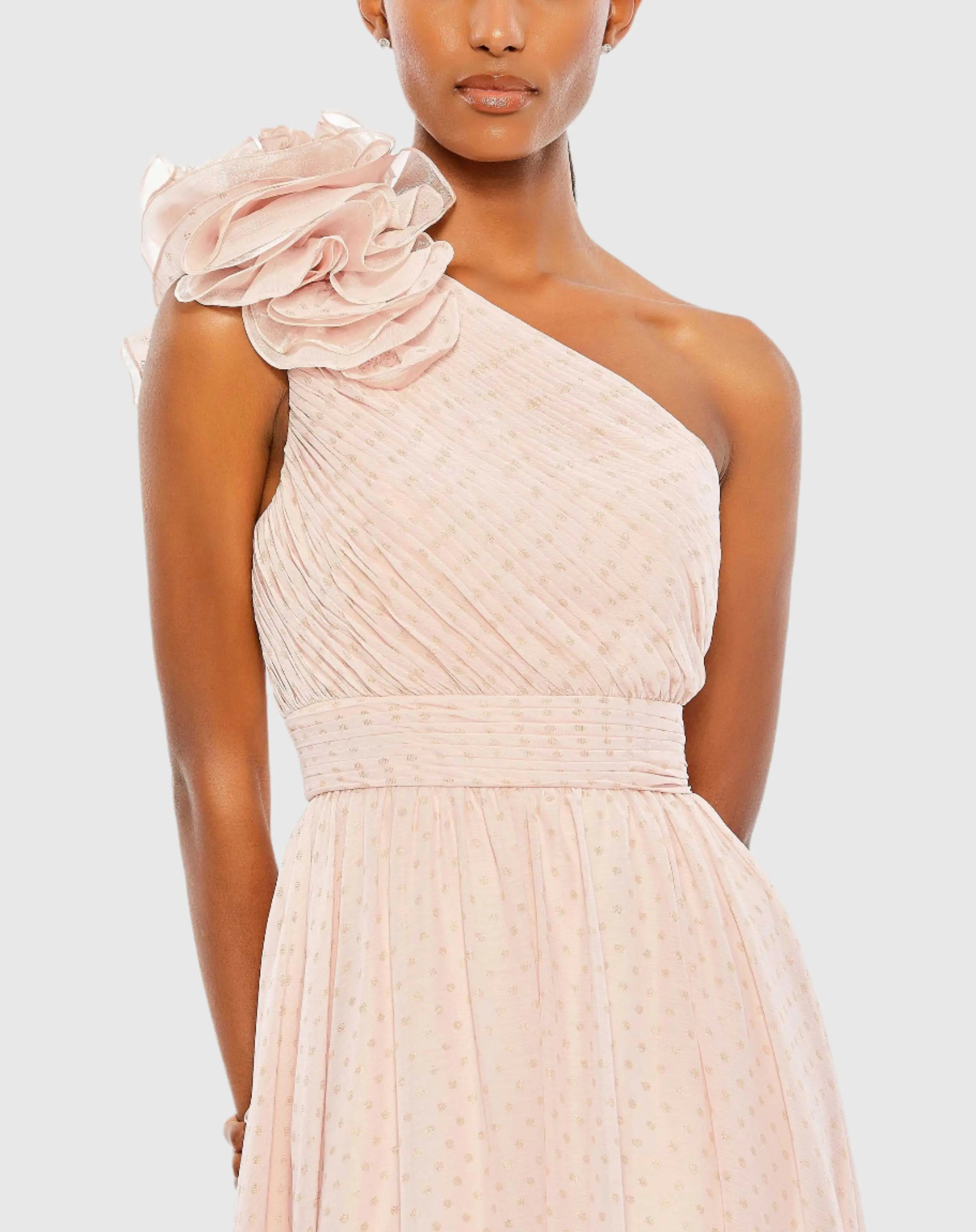 Pink One Shoulder Polka Dot Chiffon Gown With Ruffle Detail-Myartka