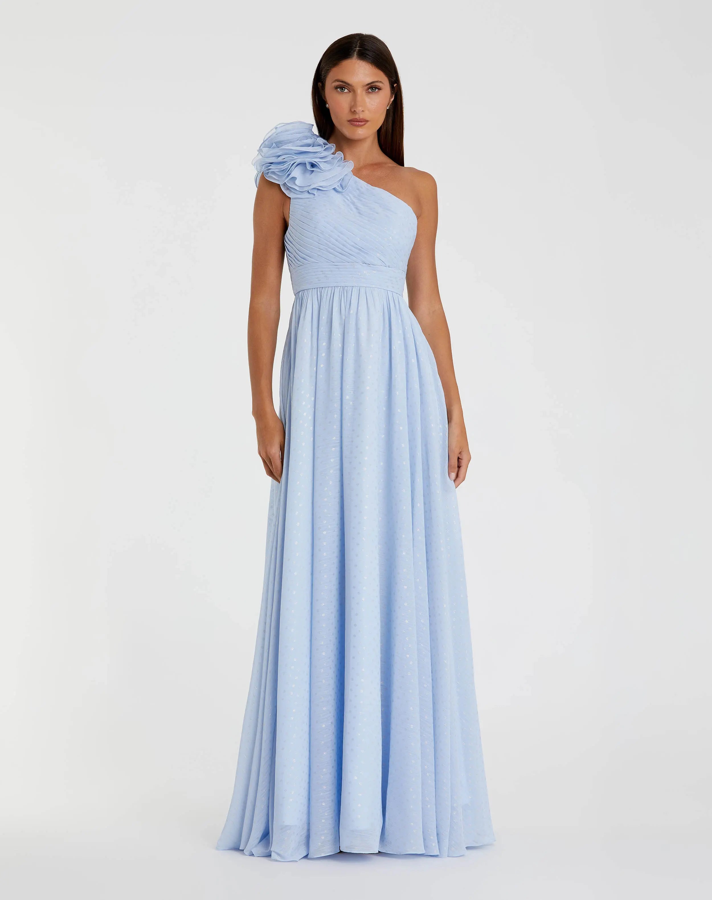 Blue One Shoulder Polka Dot Chiffon Gown With Ruffle Detail-Myartka