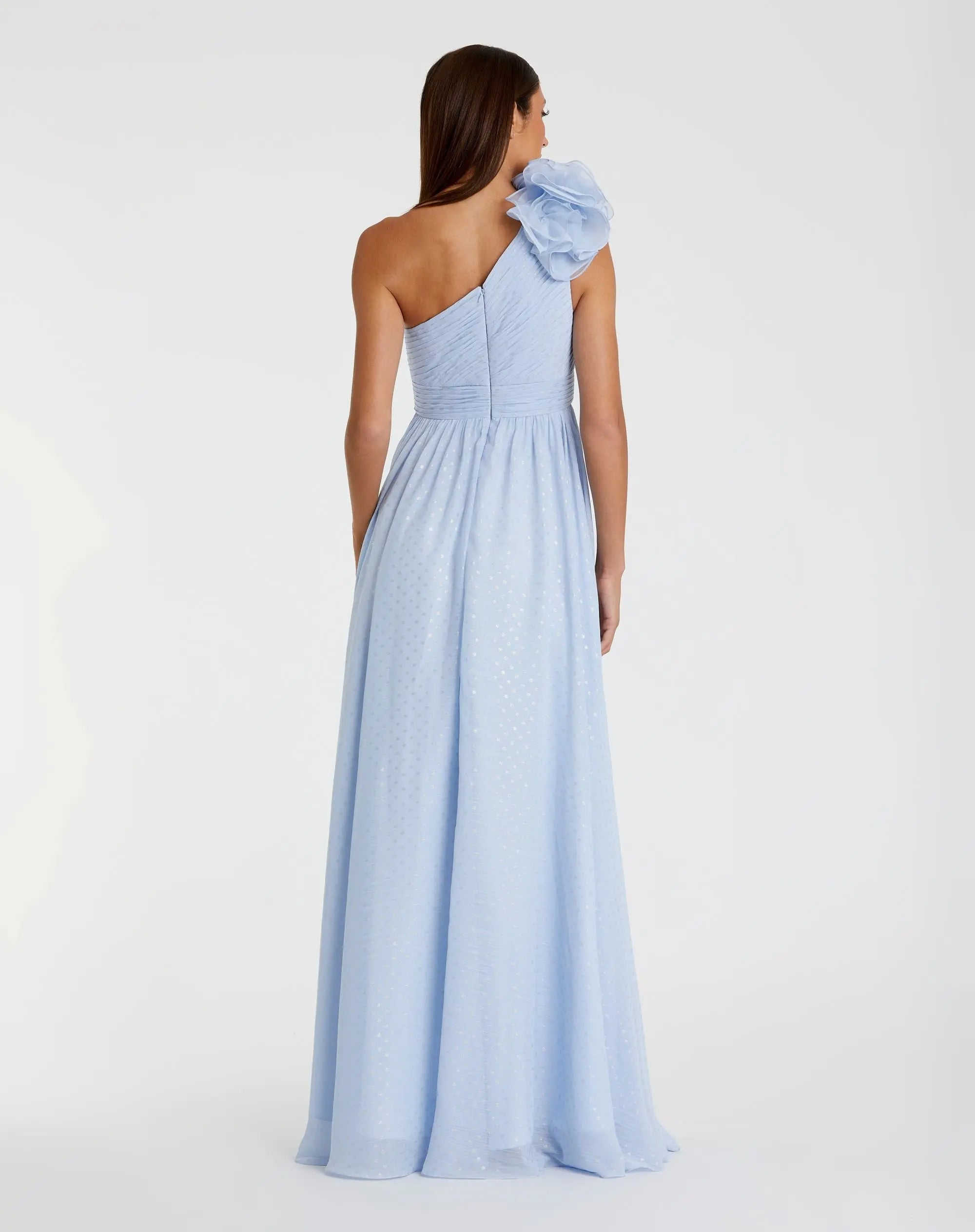 Blue One Shoulder Polka Dot Chiffon Gown With Ruffle Detail-Myartka