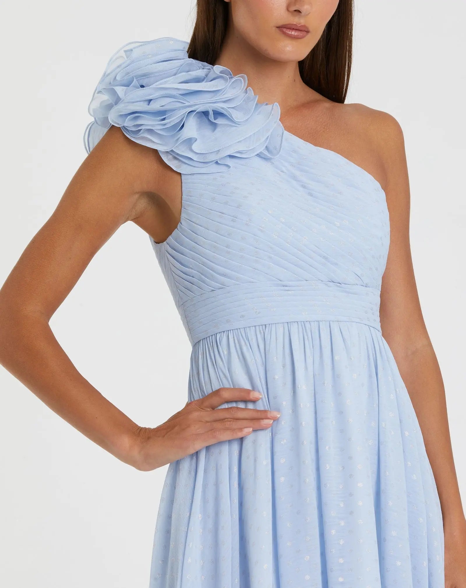 Blue One Shoulder Polka Dot Chiffon Gown With Ruffle Detail-Myartka