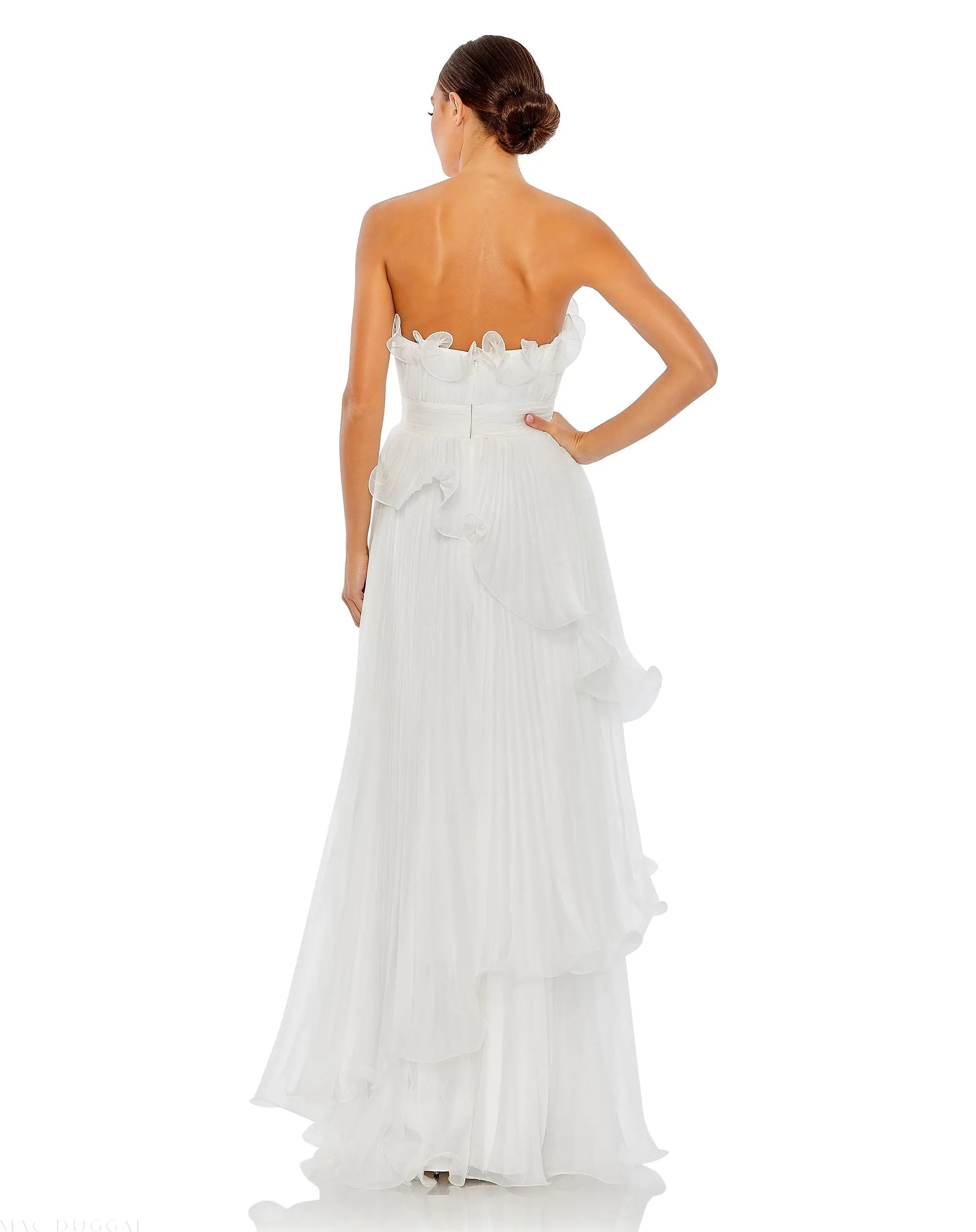 White Pleated Tiered Ruffled Strapless Gown-Myartka