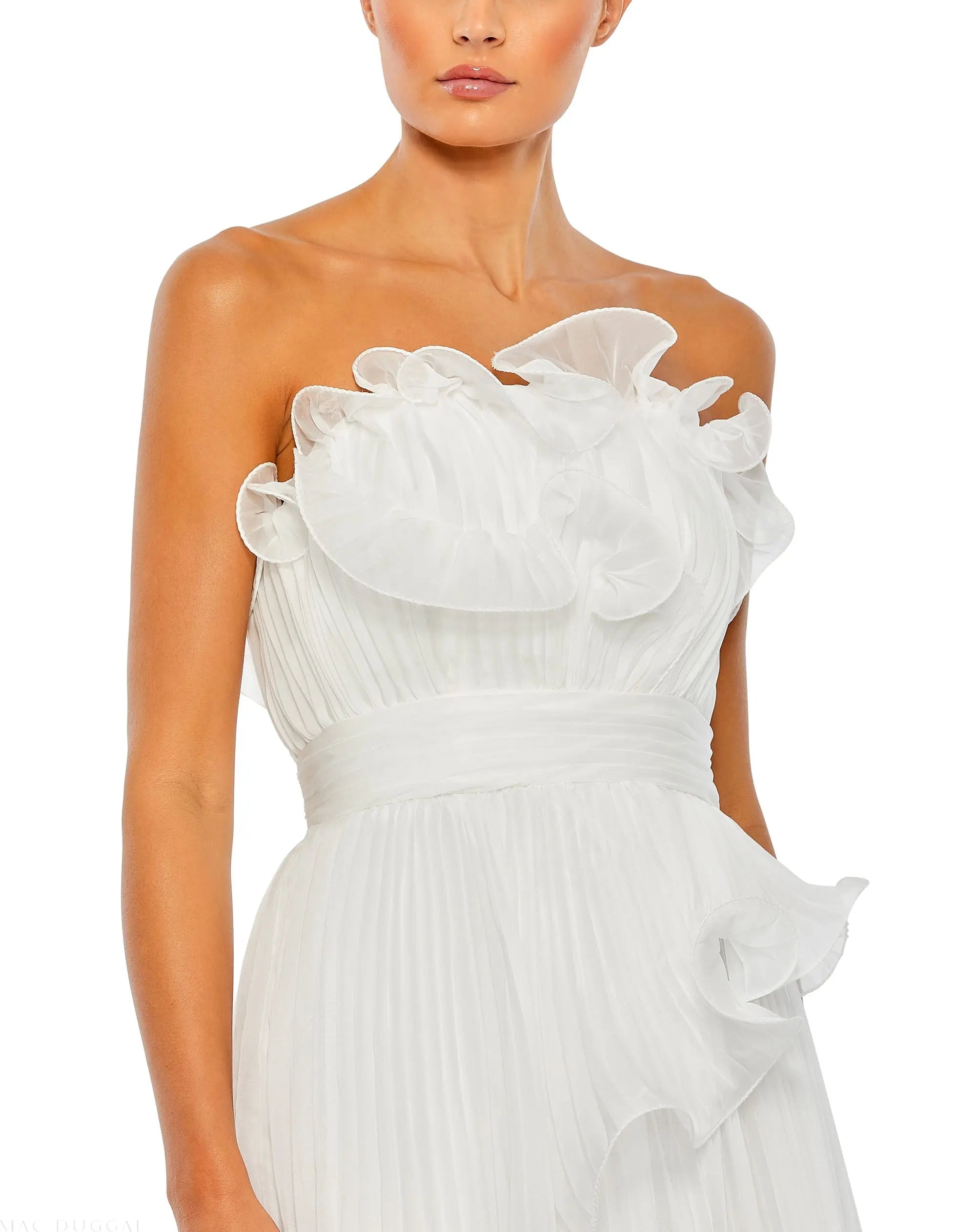 White Pleated Tiered Ruffled Strapless Gown-Myartka