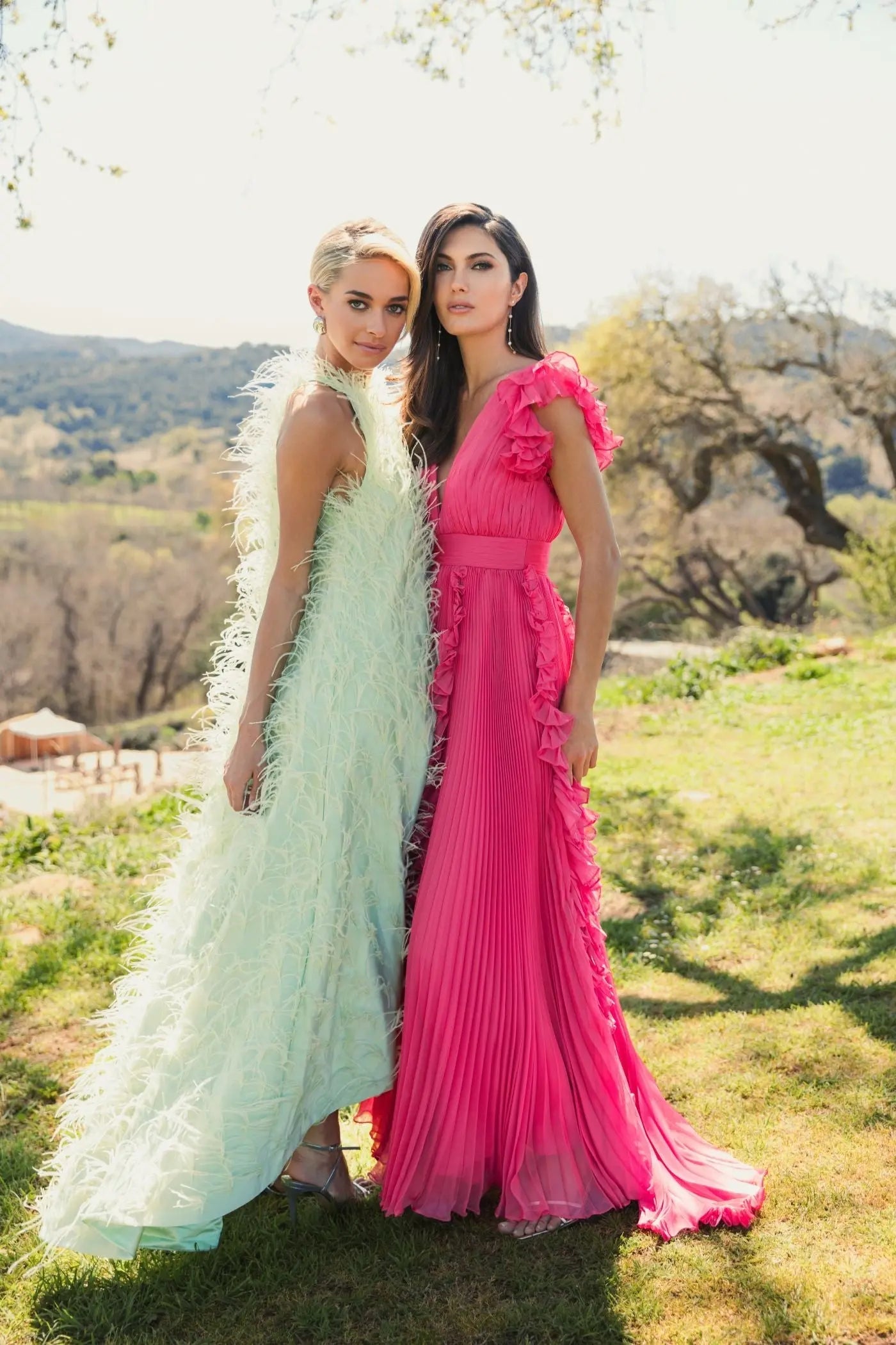 Pink Pleated Ruffle Cap Sleeve Flowy A Line Gown-Myartka