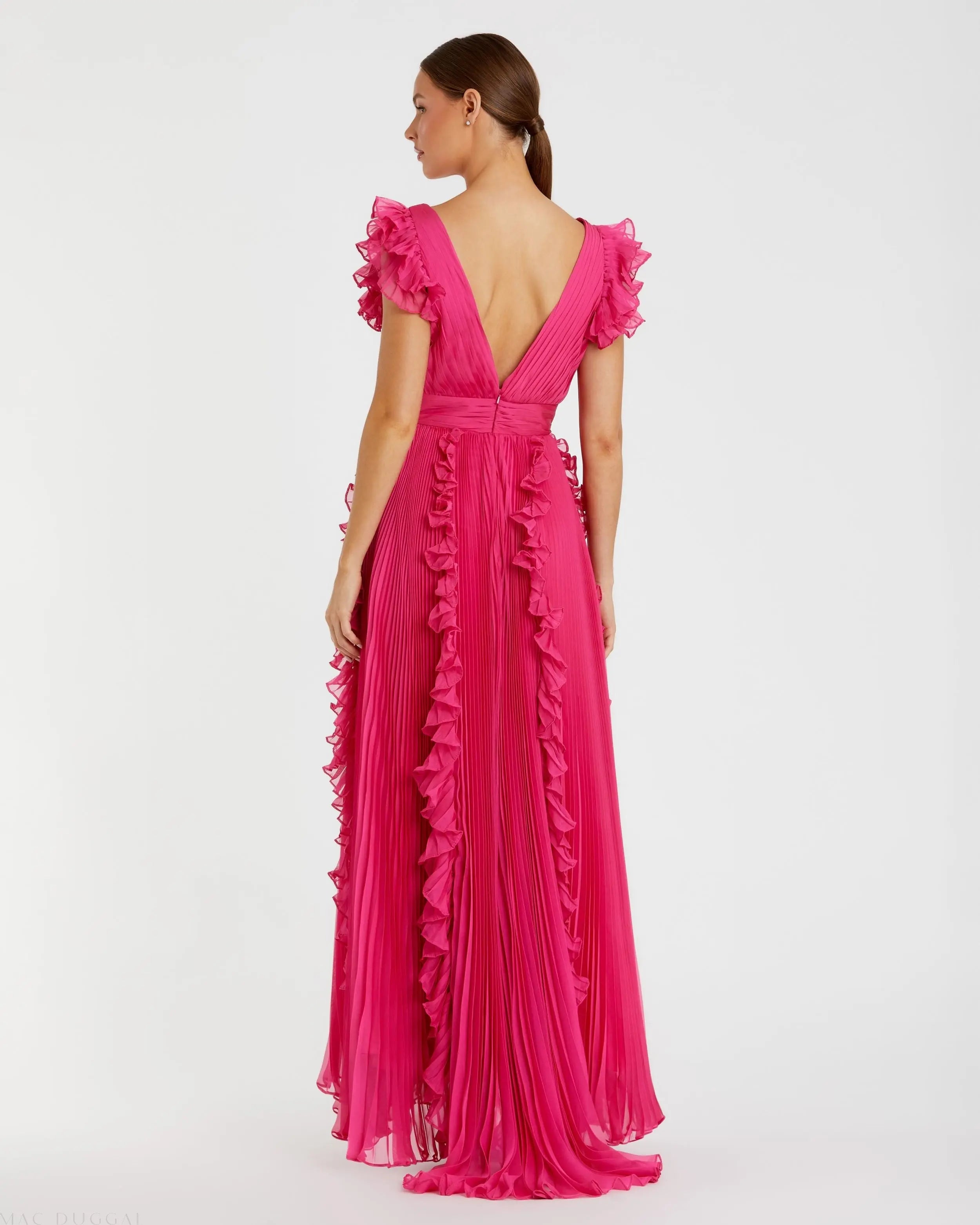 Pink Pleated Ruffle Cap Sleeve Flowy A Line Gown-Myartka