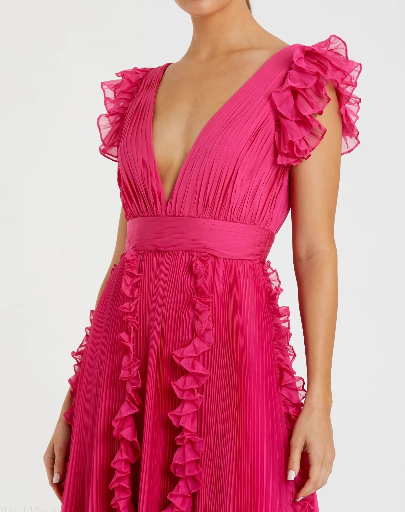 Pink Pleated Ruffle Cap Sleeve Flowy A Line Gown-Myartka