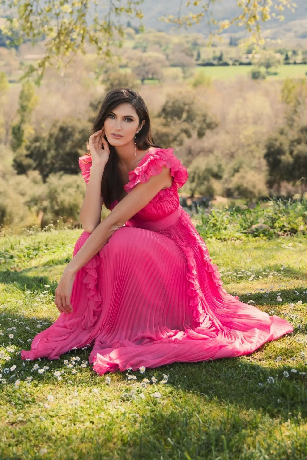 Pink Pleated Ruffle Cap Sleeve Flowy A Line Gown-Myartka