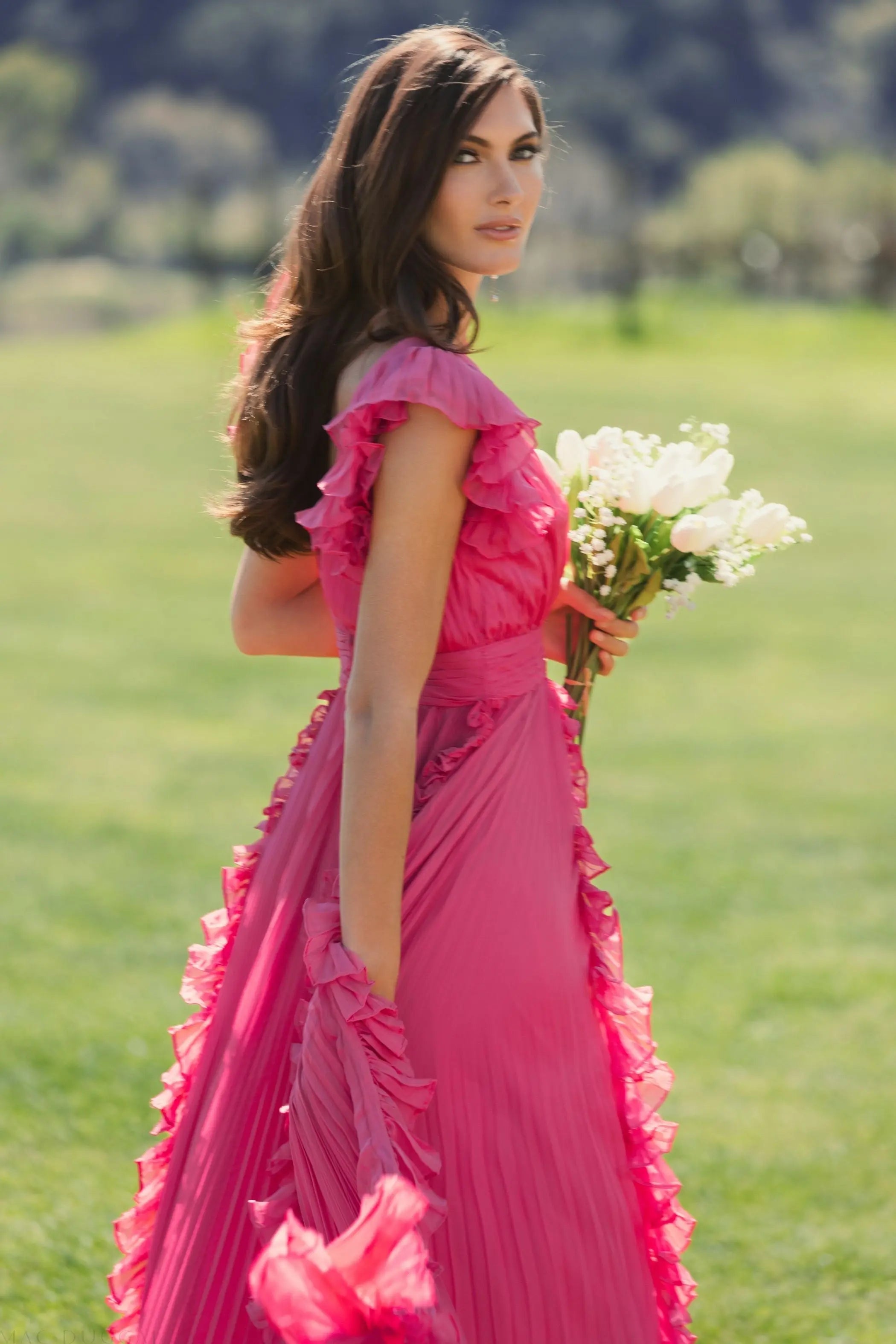 Pink Pleated Ruffle Cap Sleeve Flowy A Line Gown-Myartka