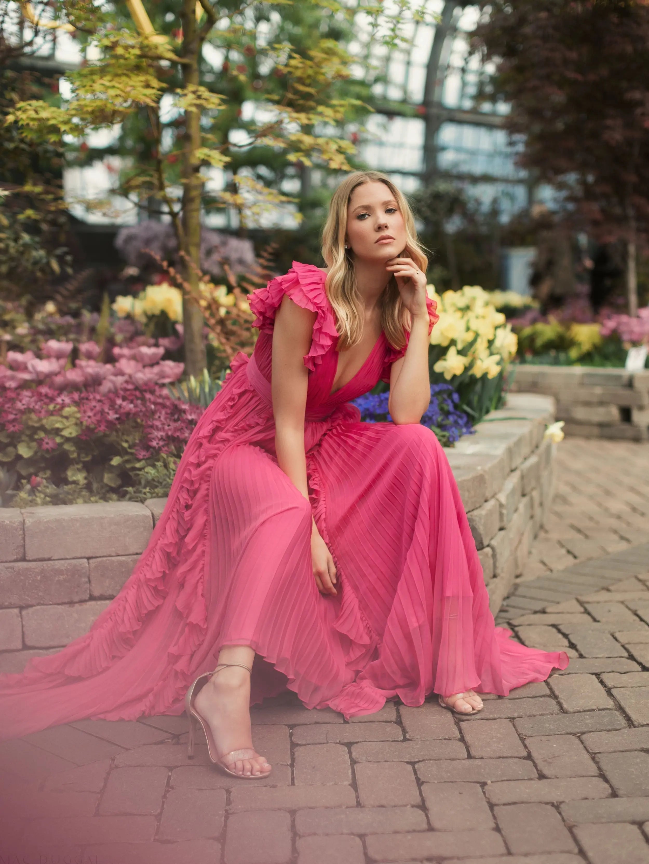 Pink Pleated Ruffle Cap Sleeve Flowy A Line Gown-Myartka