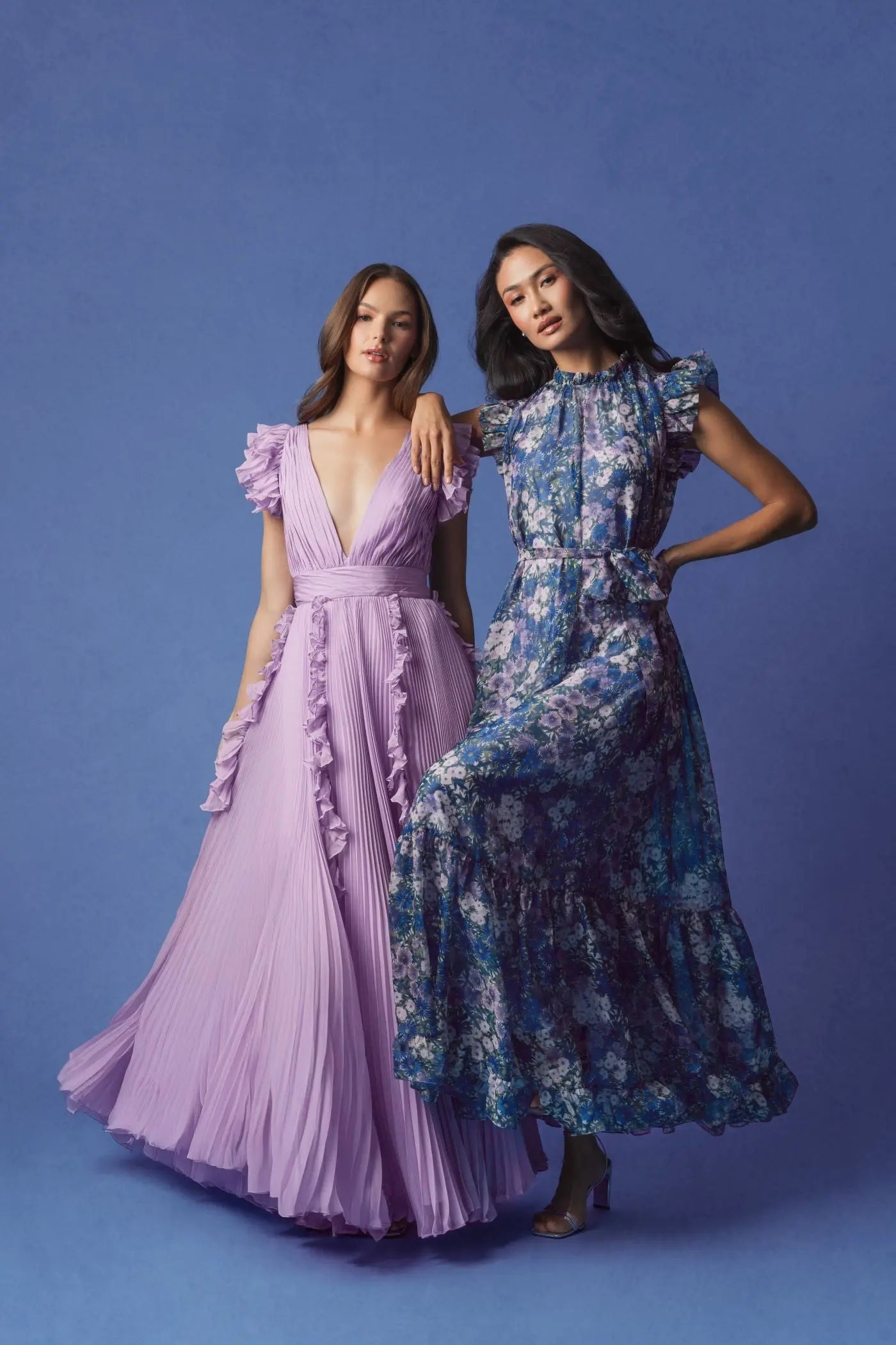 Purple Printed Chiffon Ruffle Sleeve Maxi Dress with Bow Belt-Myartka