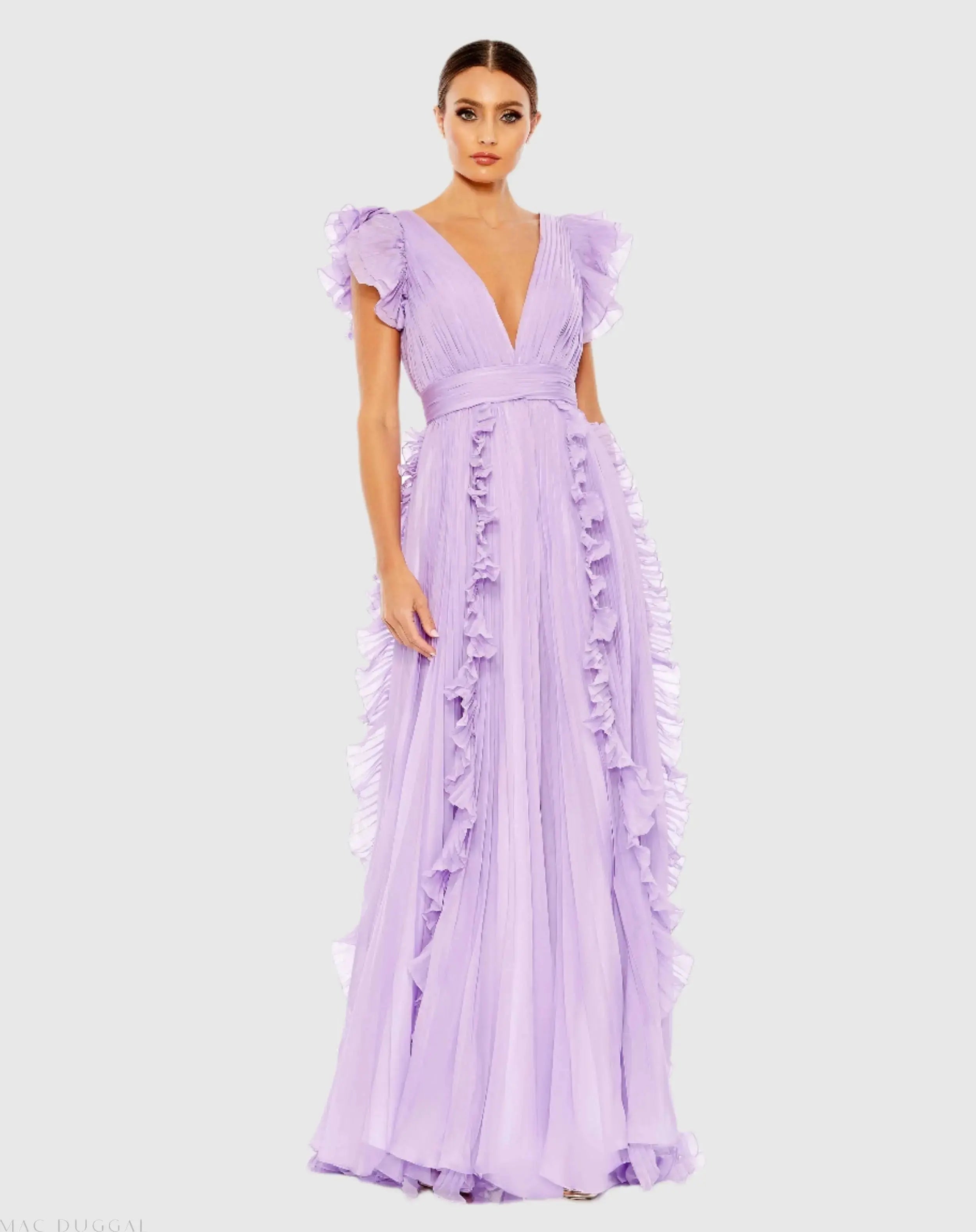 Purple Pleated Ruffle Cap Sleeve Flowy A Line Gown-Myartka