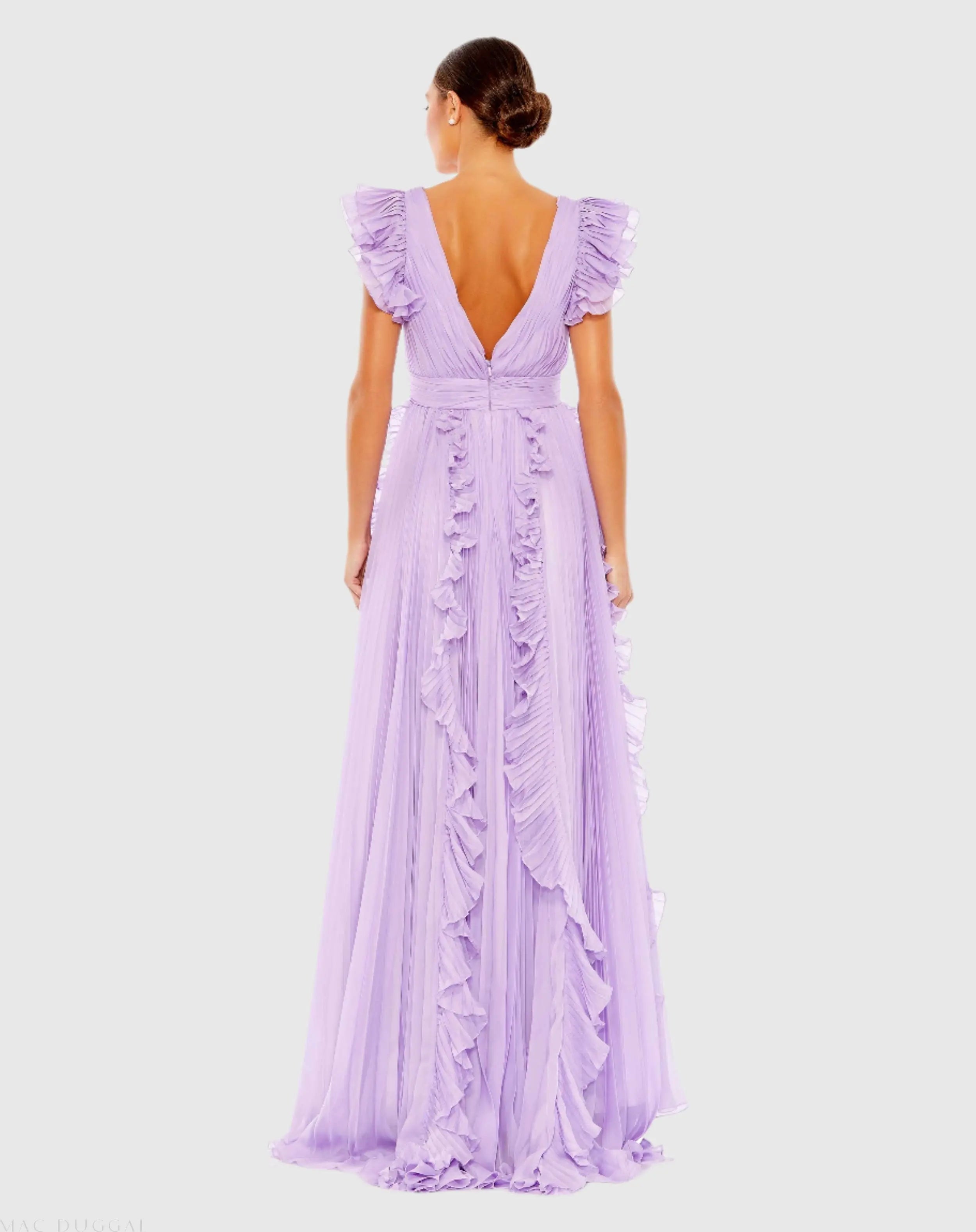 Purple Pleated Ruffle Cap Sleeve Flowy A Line Gown-Myartka