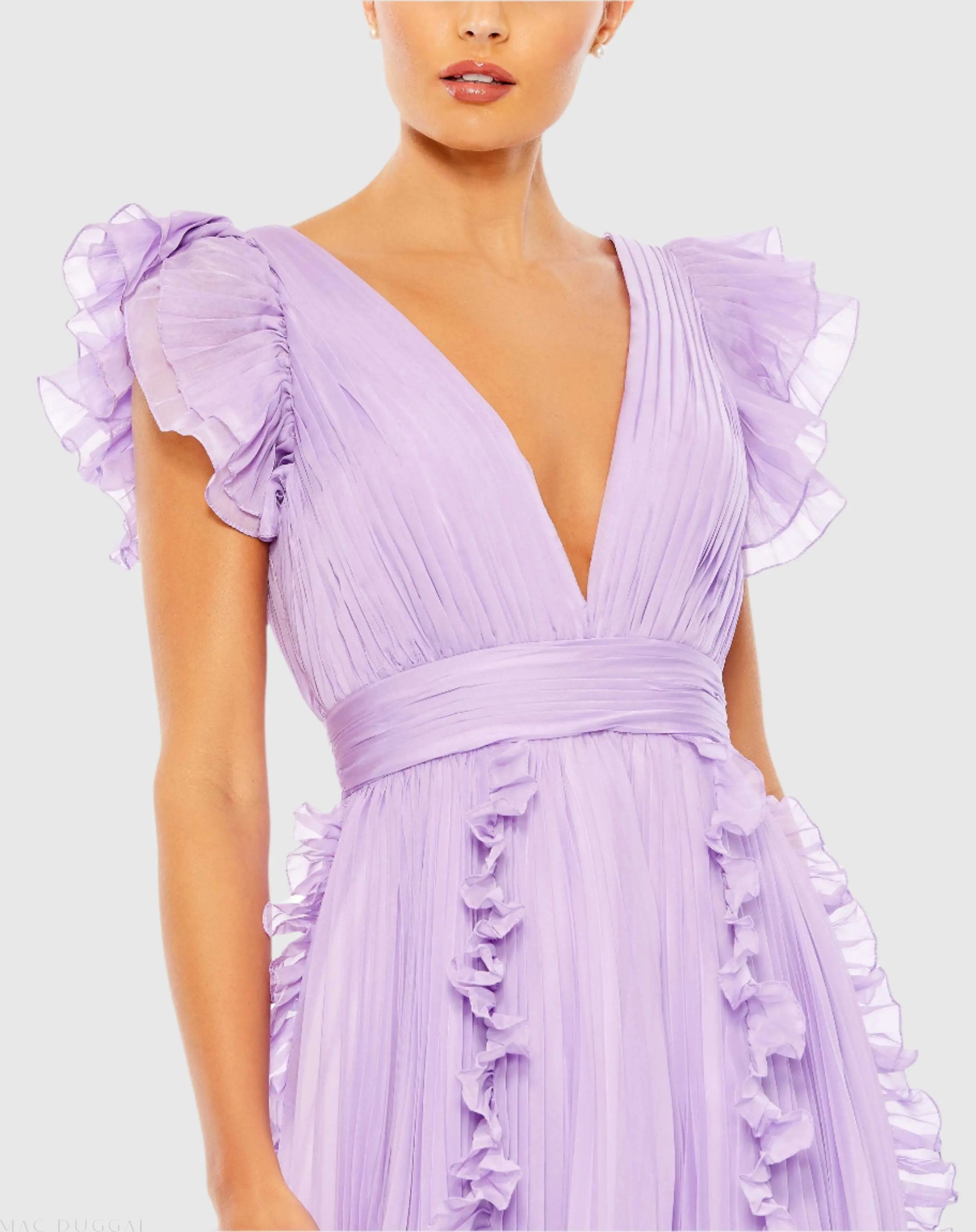Purple Pleated Ruffle Cap Sleeve Flowy A Line Gown-Myartka