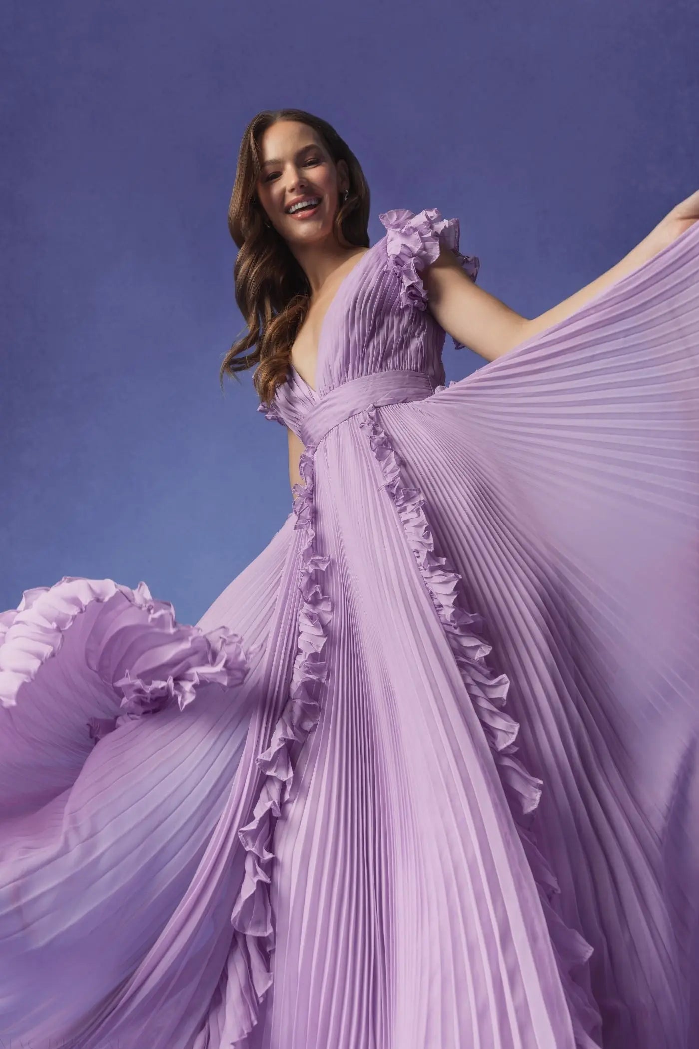 Purple Pleated Ruffle Cap Sleeve Flowy A Line Gown-Myartka