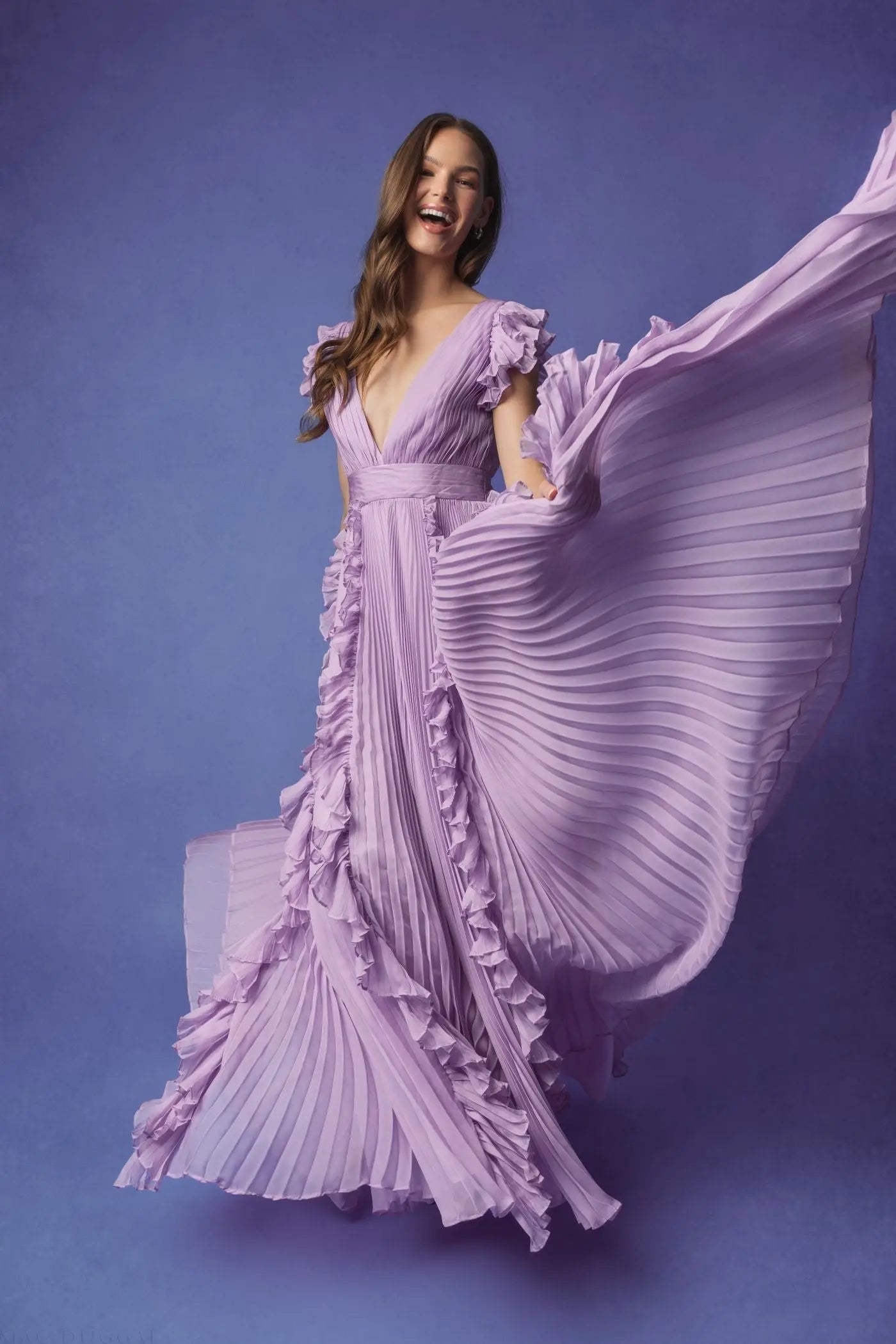 Purple Pleated Ruffle Cap Sleeve Flowy A Line Gown-Myartka