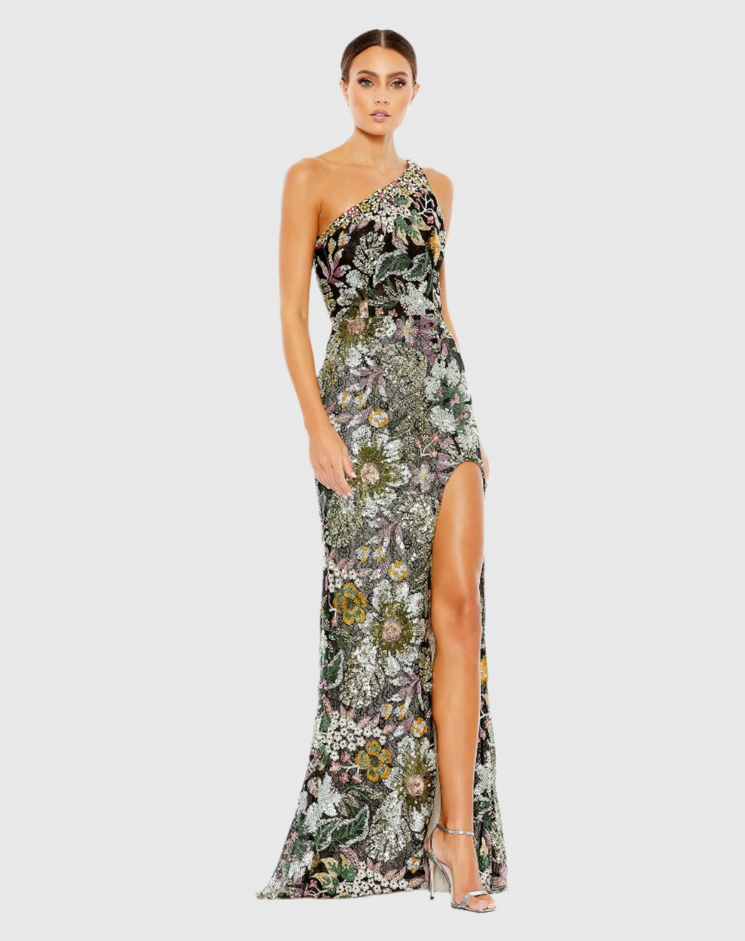 Black Floral Sequined Embroidered One Shoulder Trumpet Gown-Myartka