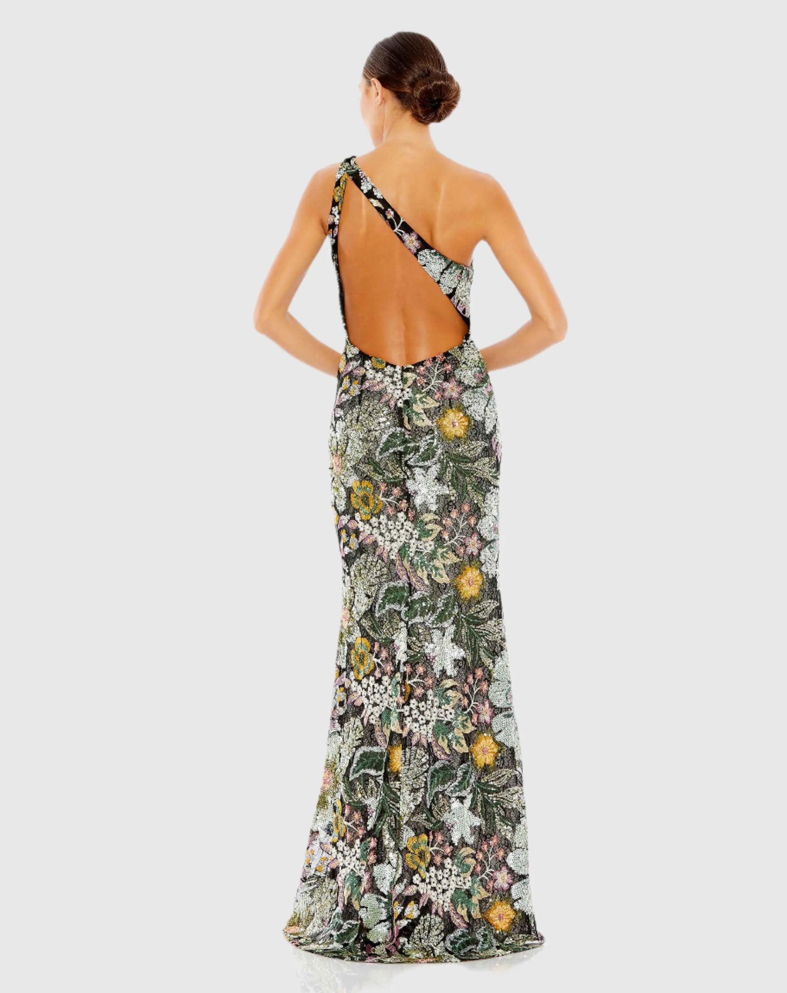 Black Floral Sequined Embroidered One Shoulder Trumpet Gown-Myartka