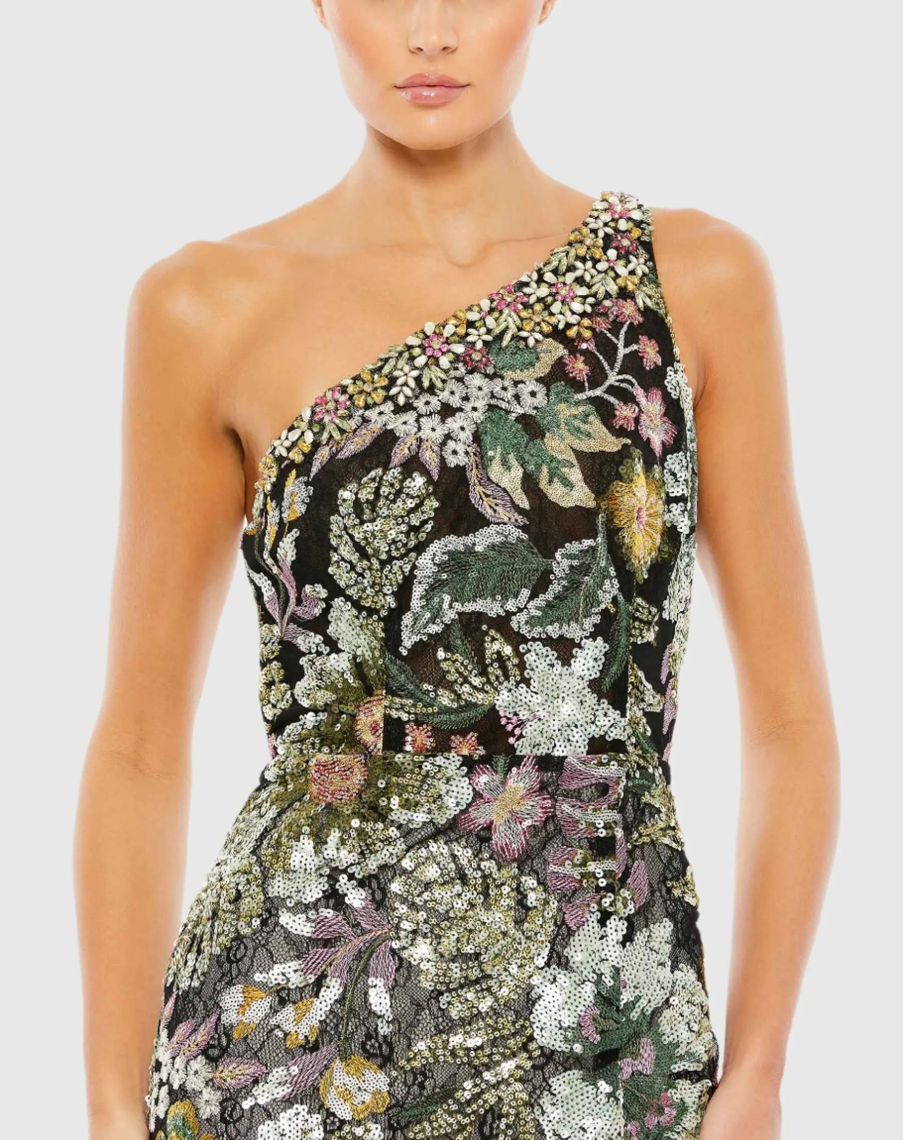 Black Floral Sequined Embroidered One Shoulder Trumpet Gown-Myartka